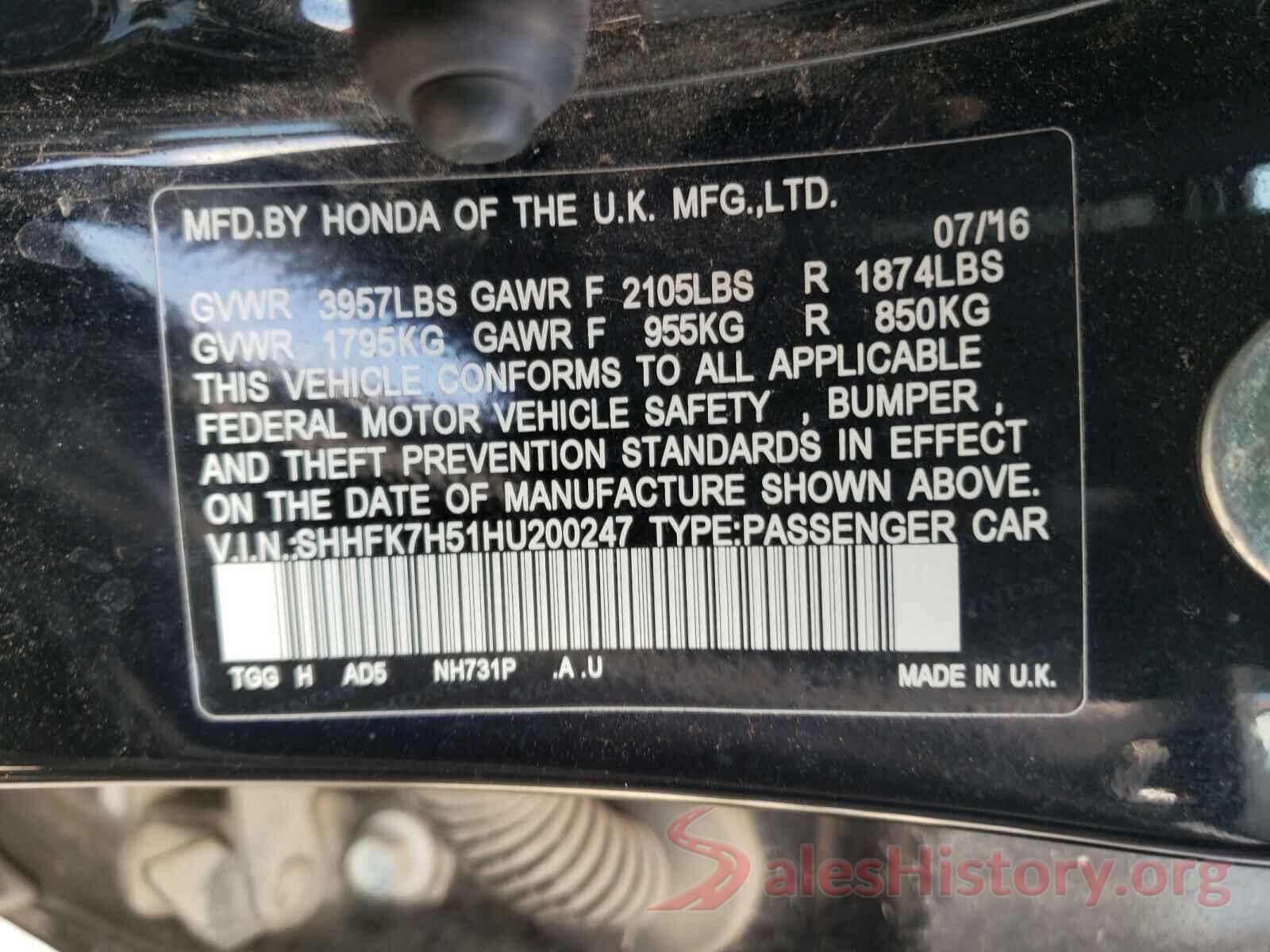 SHHFK7H51HU200247 2017 HONDA CIVIC