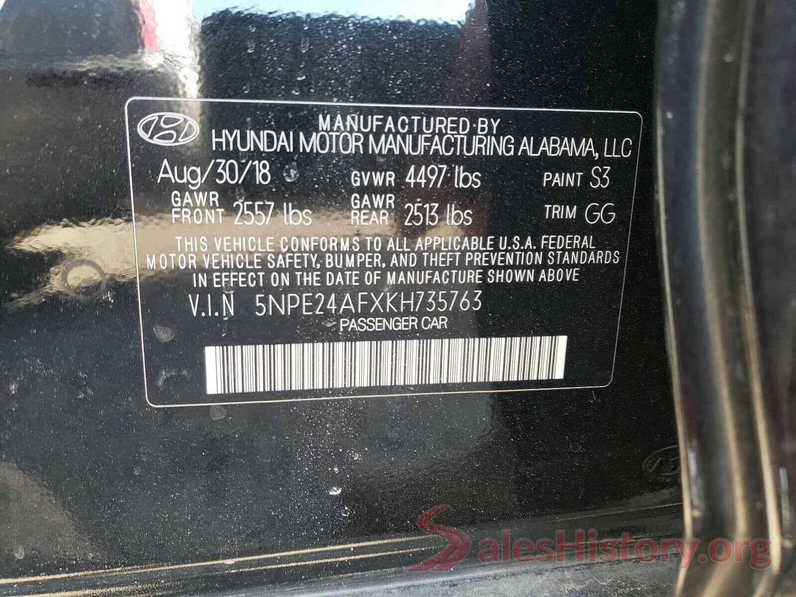 5NPE24AFXKH735763 2019 HYUNDAI SONATA