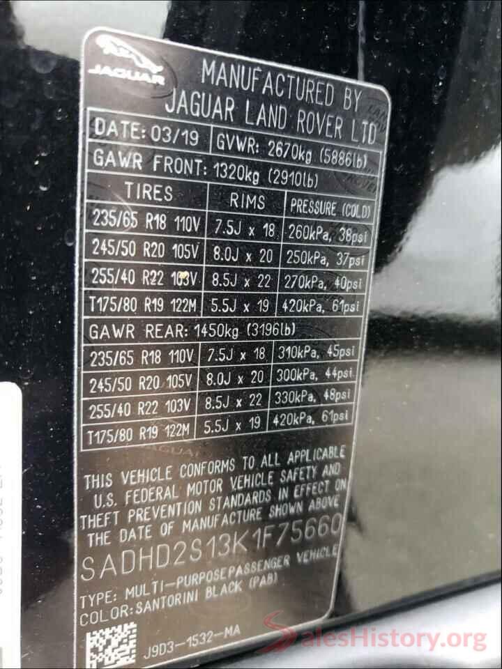 SADHD2S13K1F75660 2019 JAGUAR I-PACE