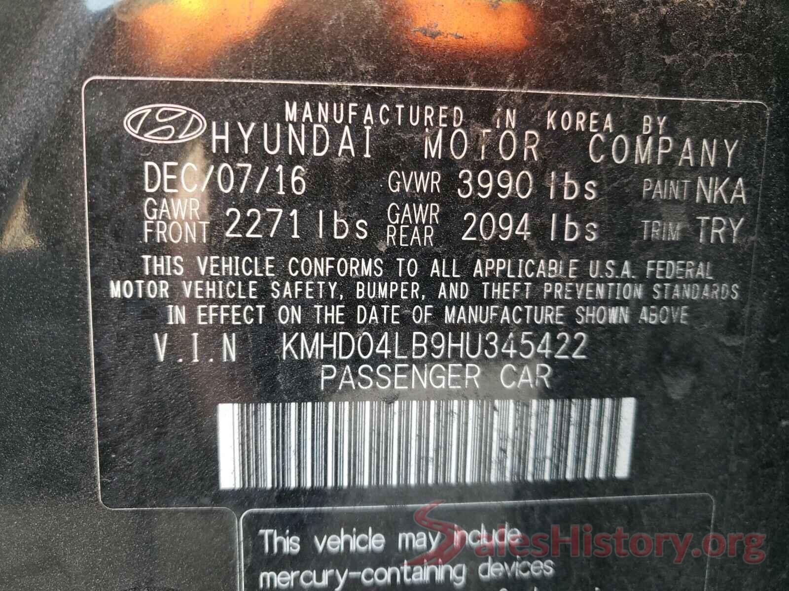 KMHD04LB9HU345422 2017 HYUNDAI ELANTRA