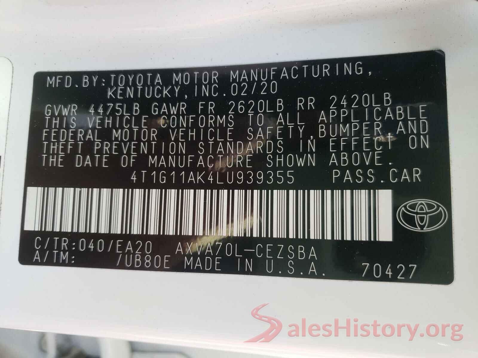 4T1G11AK4LU939355 2020 TOYOTA CAMRY