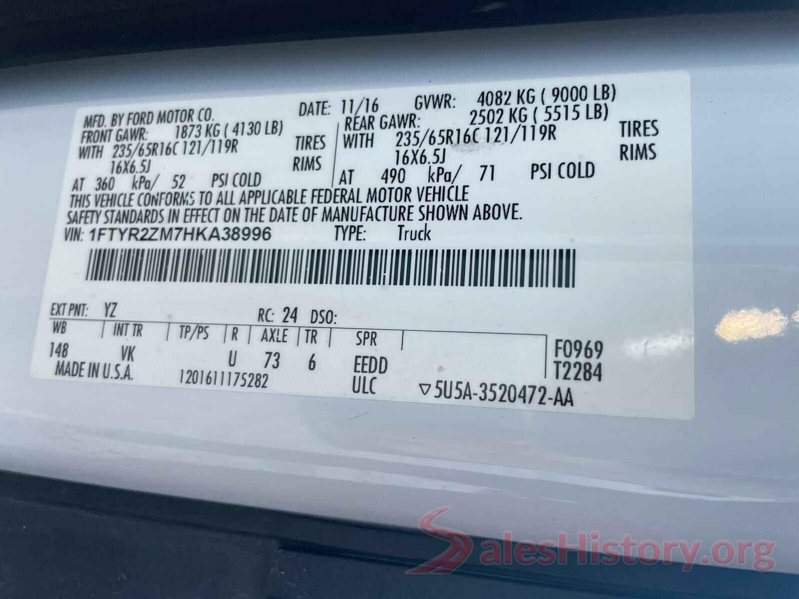 1FTYR2ZM7HKA38996 2017 FORD TRANSIT CO