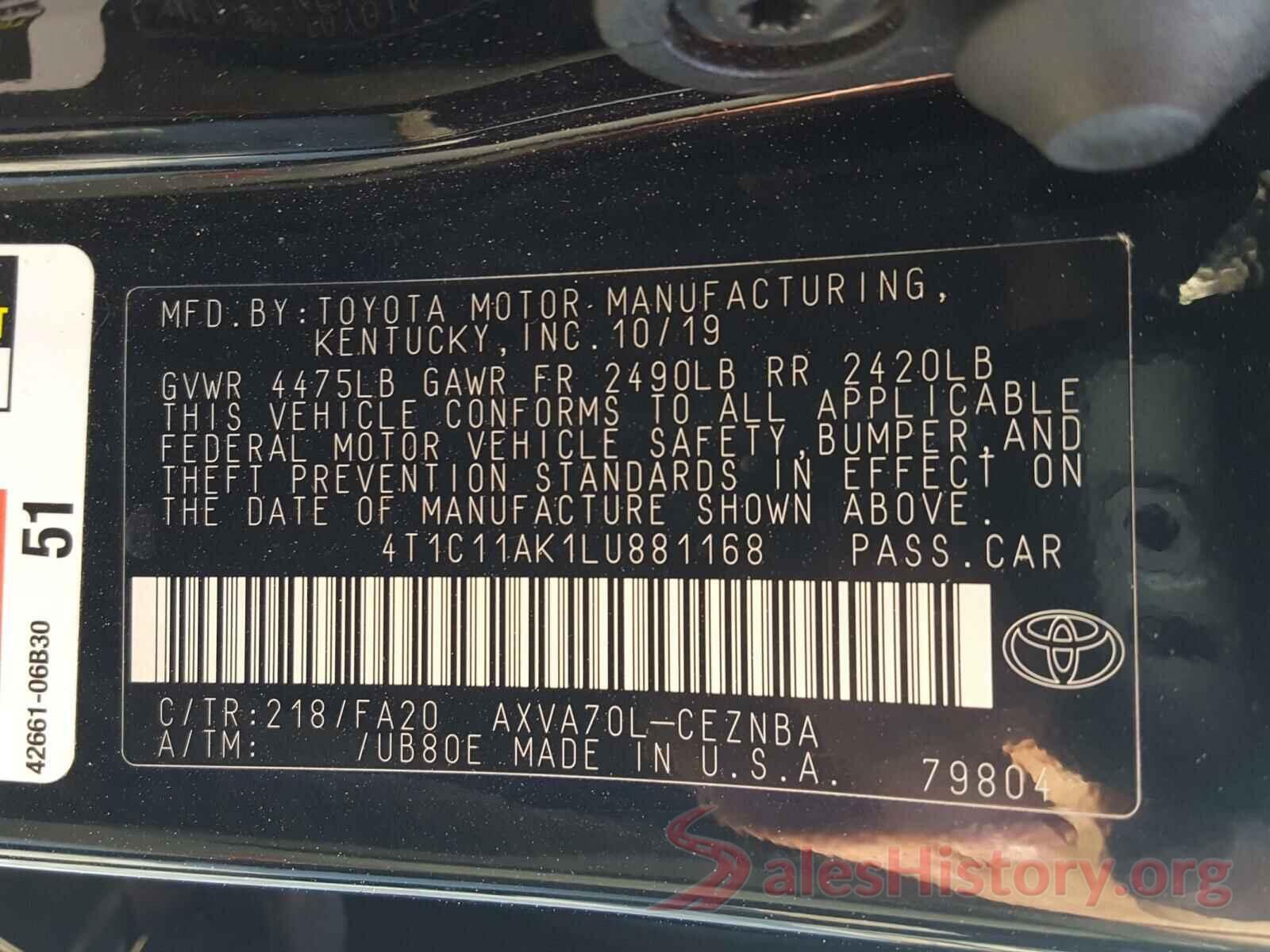 4T1C11AK1LU881168 2020 TOYOTA CAMRY