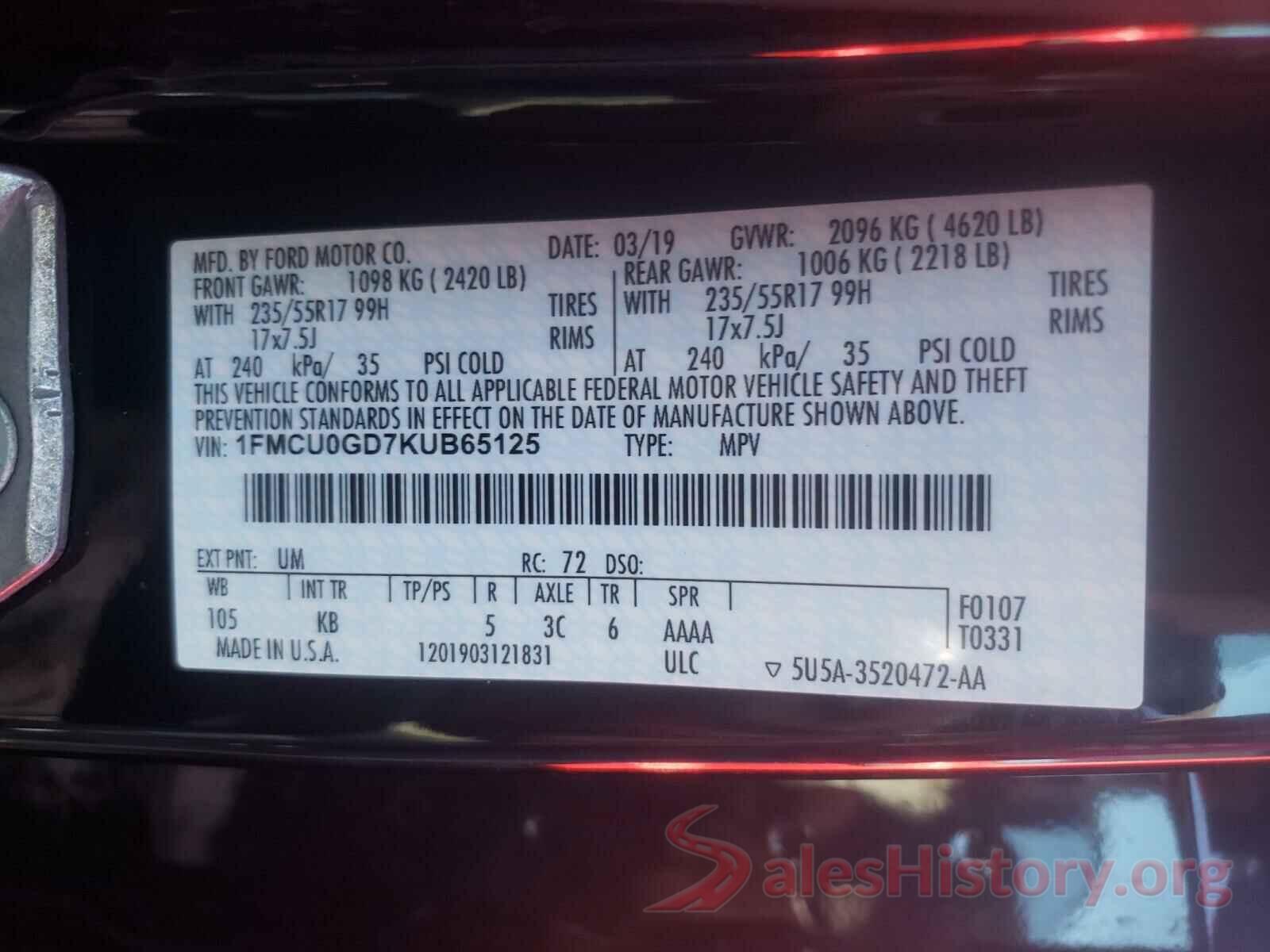 1FMCU0GD7KUB65125 2019 FORD ESCAPE