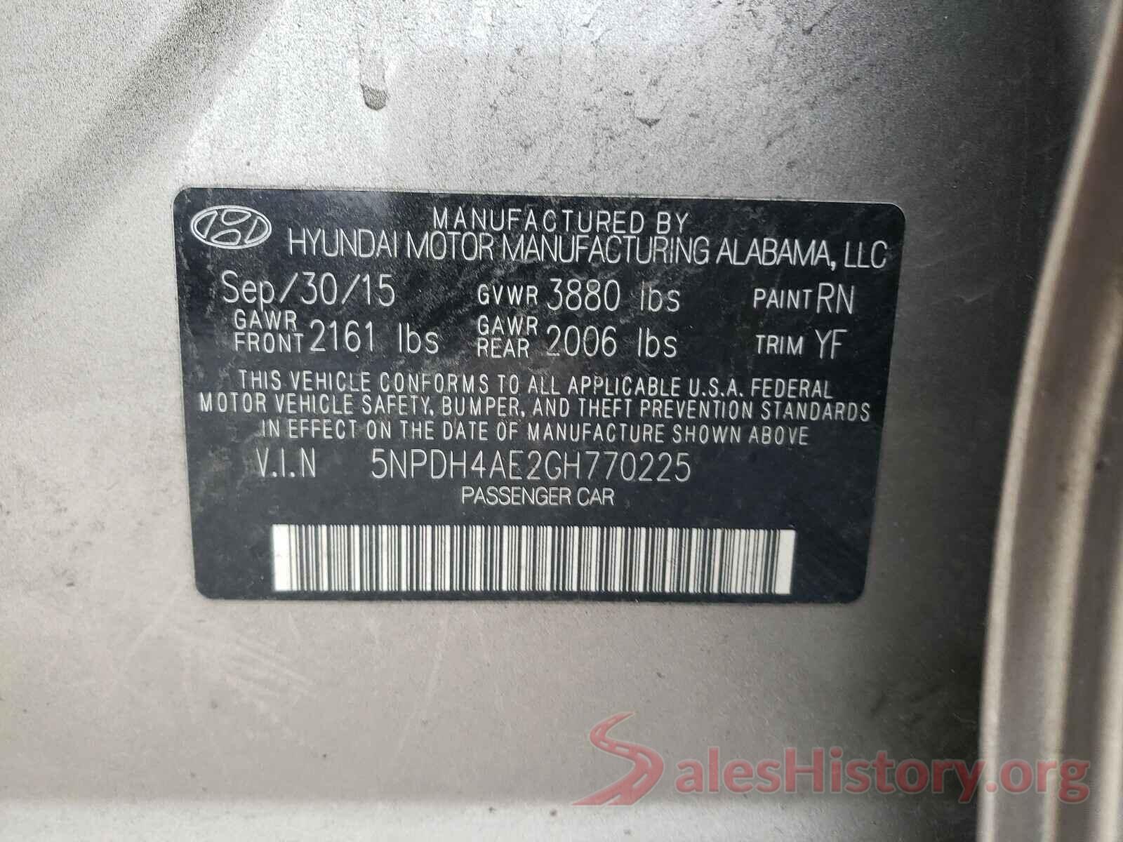 5NPDH4AE2GH770225 2016 HYUNDAI ELANTRA