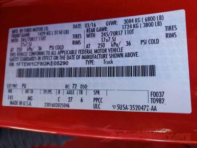 1FTEW1CF8GKE05290 2016 FORD F-150