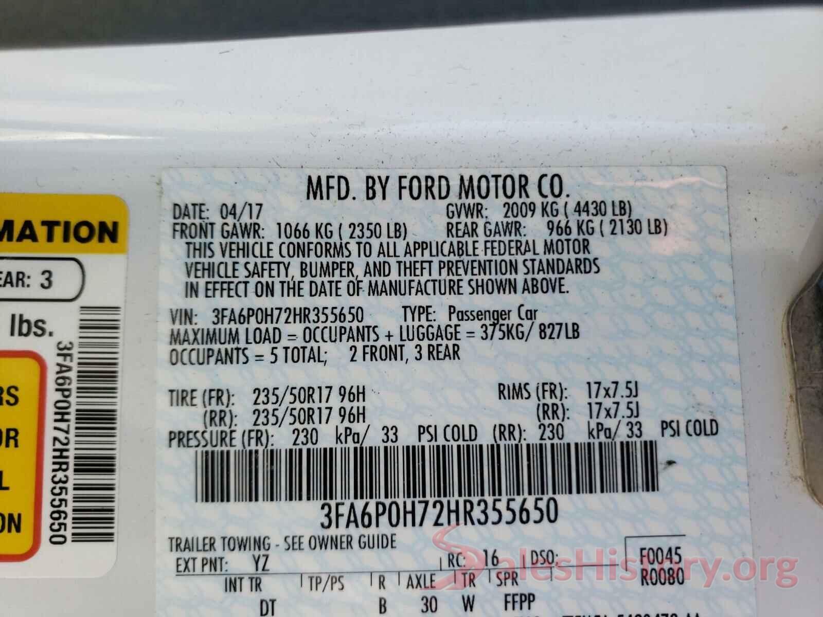 3FA6P0H72HR355650 2017 FORD FUSION