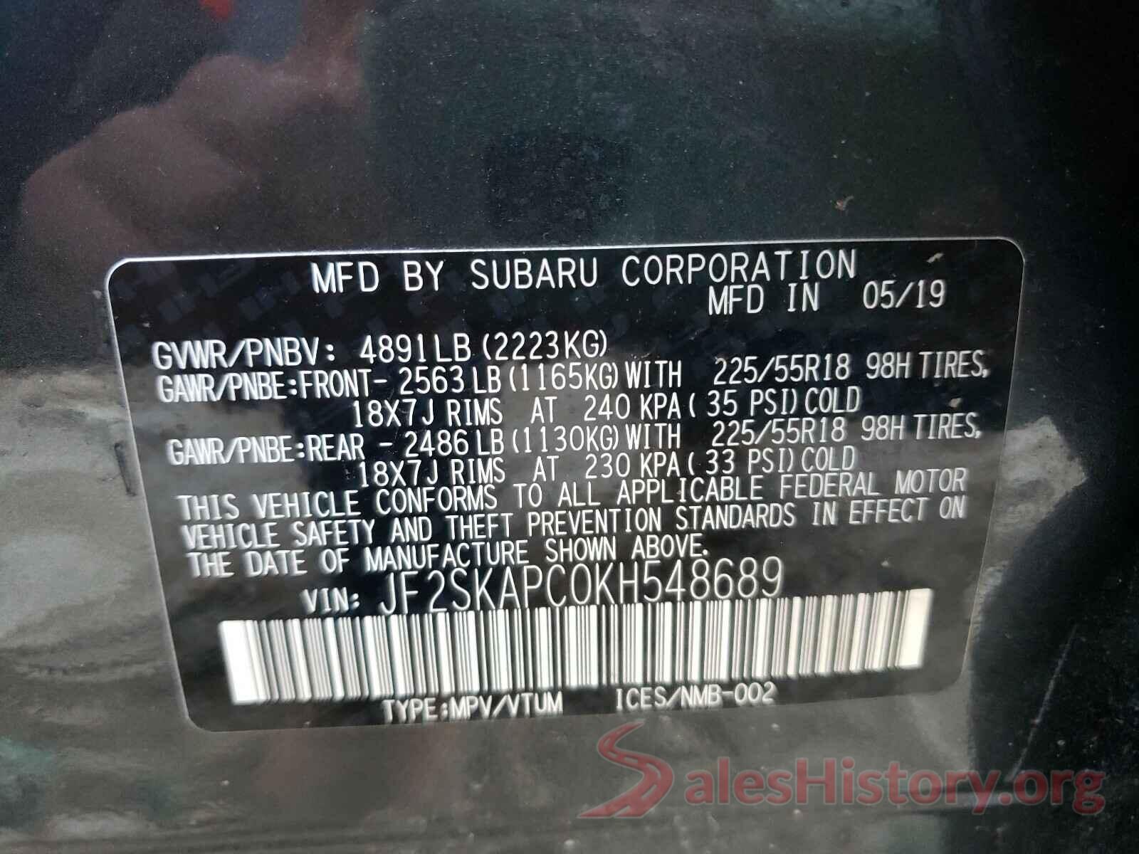 JF2SKAPC0KH548689 2019 SUBARU FORESTER