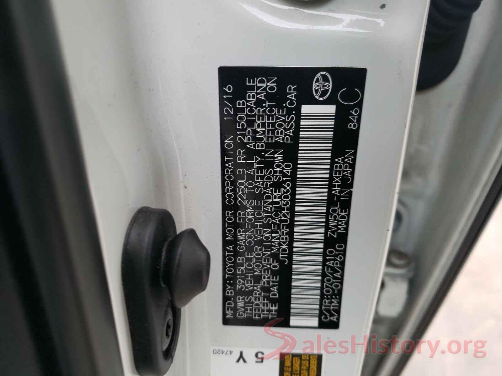 JTDKBRFU2H3036140 2017 TOYOTA PRIUS