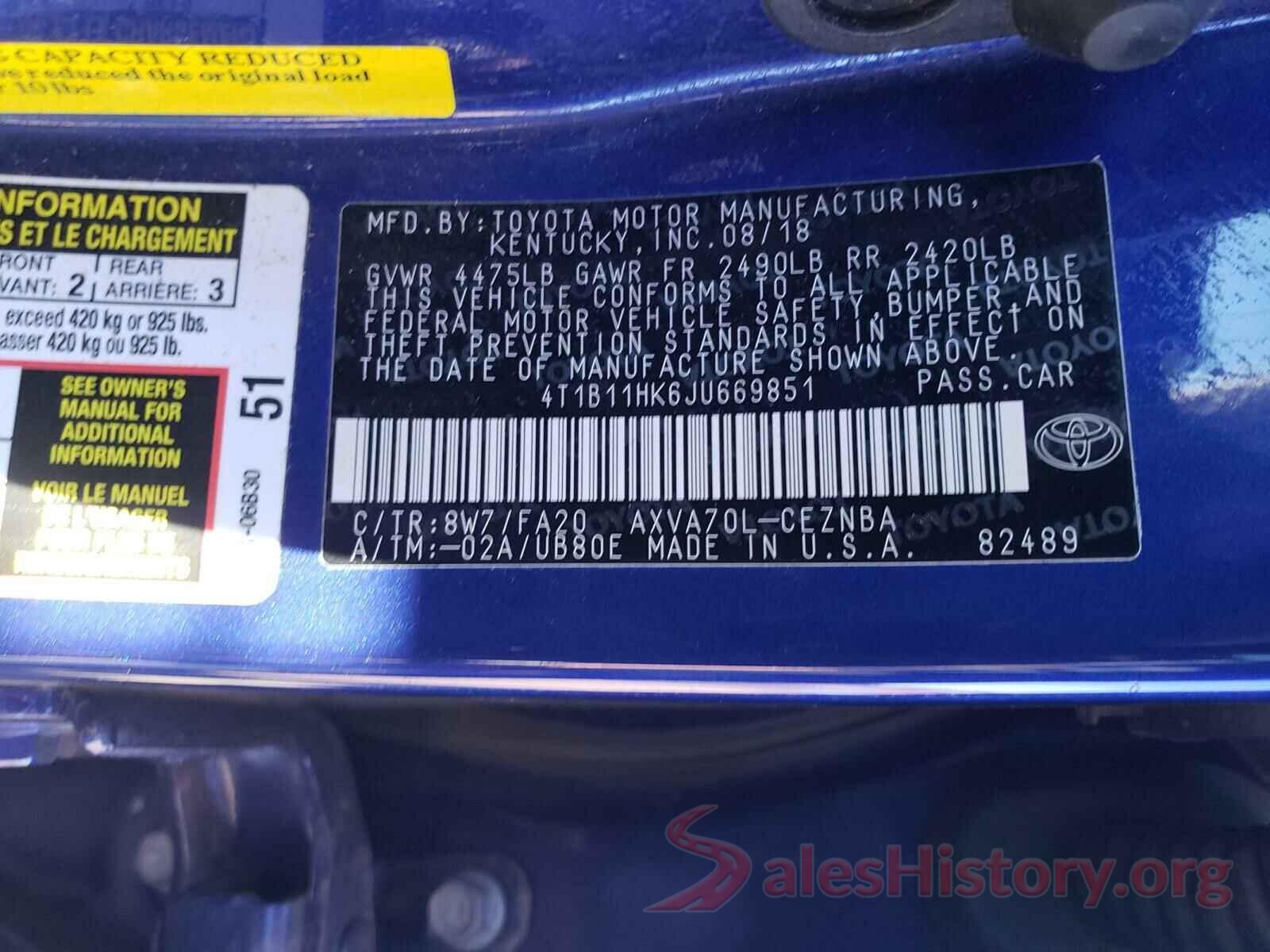 4T1B11HK6JU669851 2018 TOYOTA CAMRY