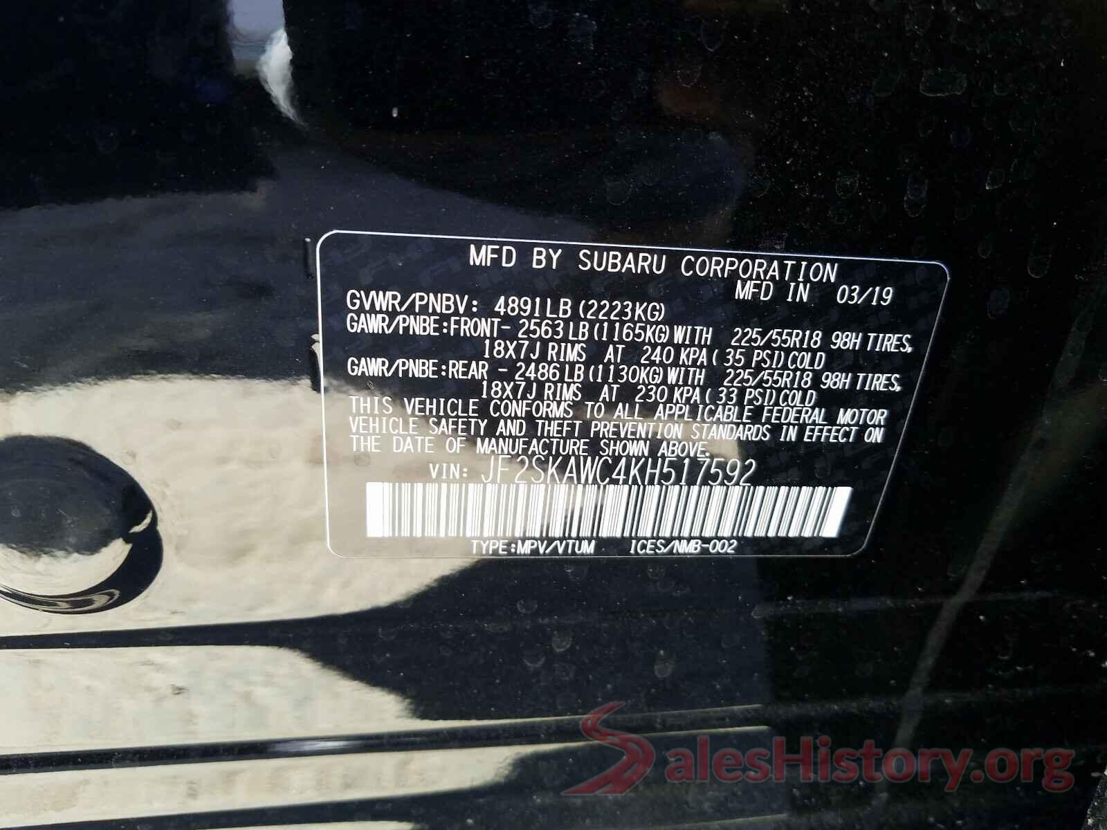 JF2SKAWC4KH517592 2019 SUBARU FORESTER