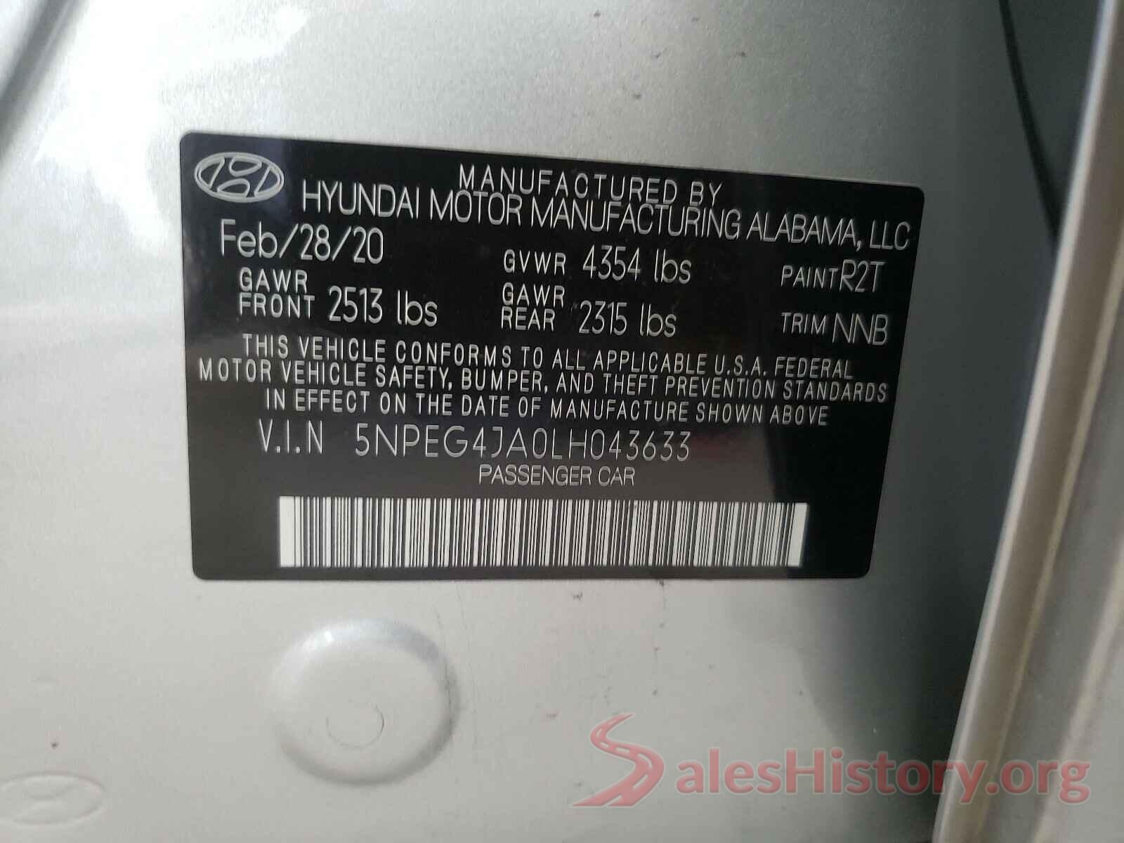 5NPEG4JA0LH043633 2020 HYUNDAI SONATA