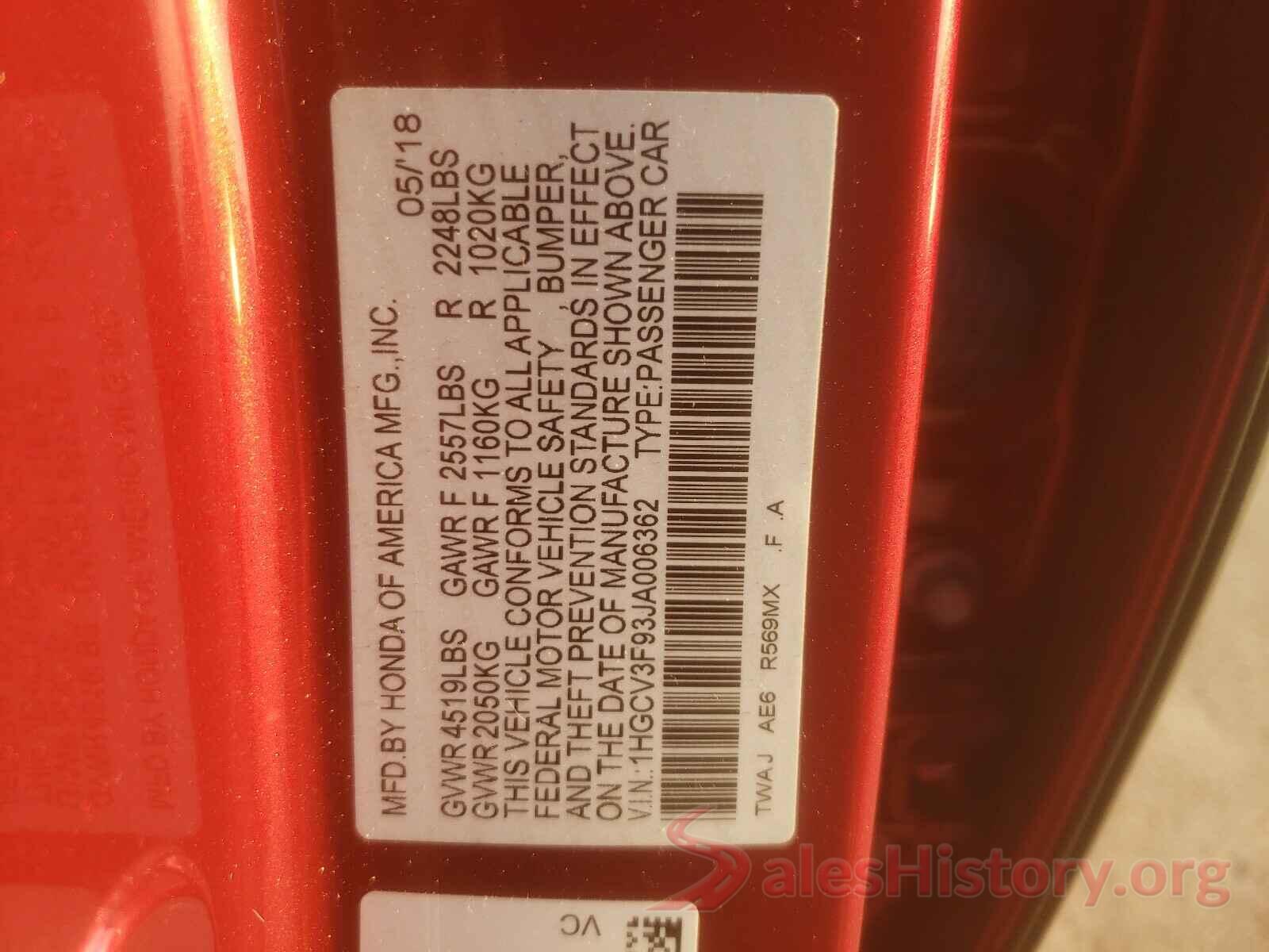 1HGCV3F93JA006362 2018 HONDA ACCORD