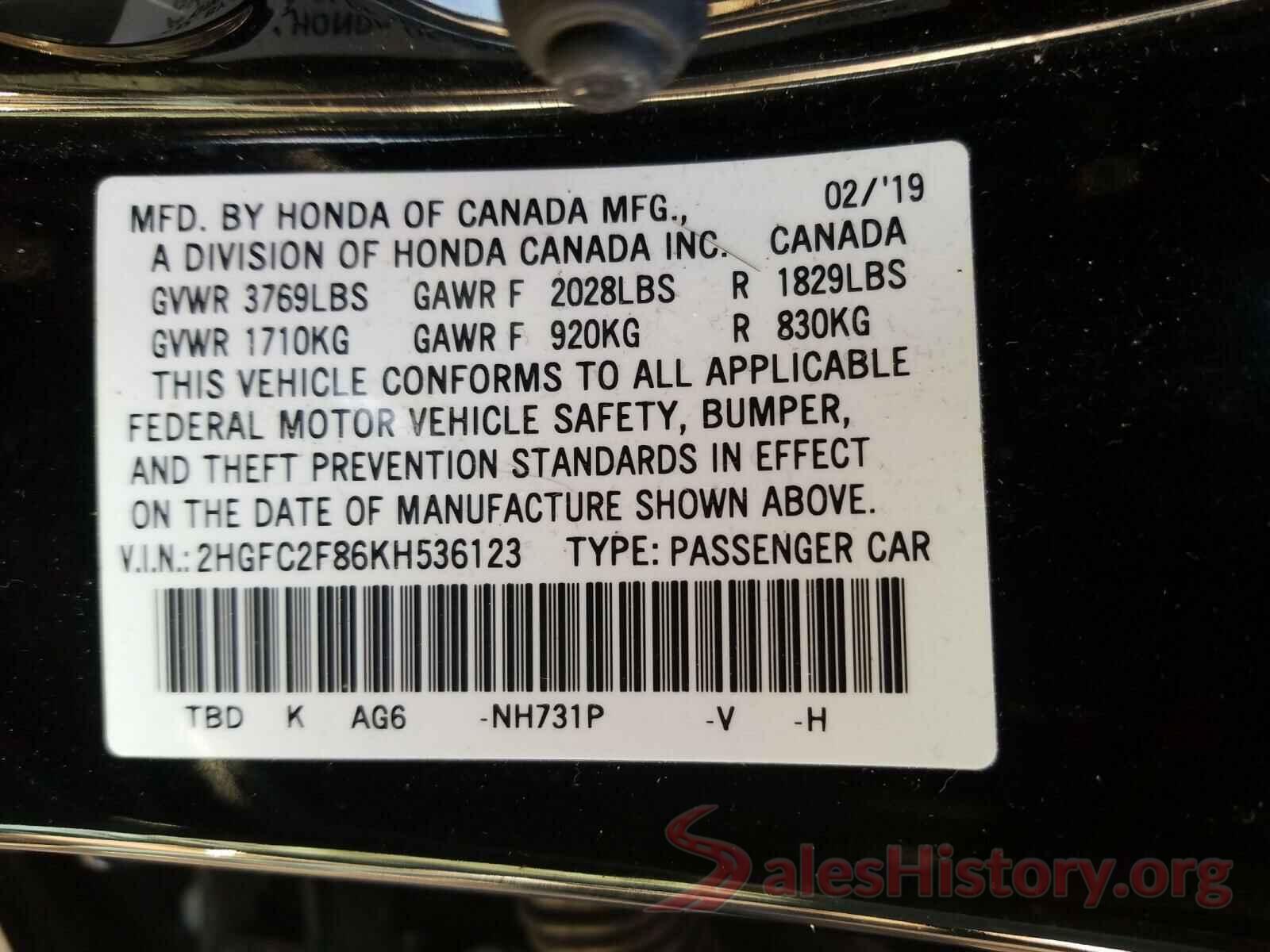 2HGFC2F86KH536123 2019 HONDA CIVIC