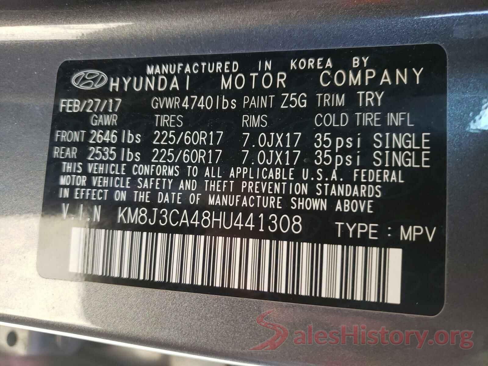 KM8J3CA48HU441308 2017 HYUNDAI TUCSON