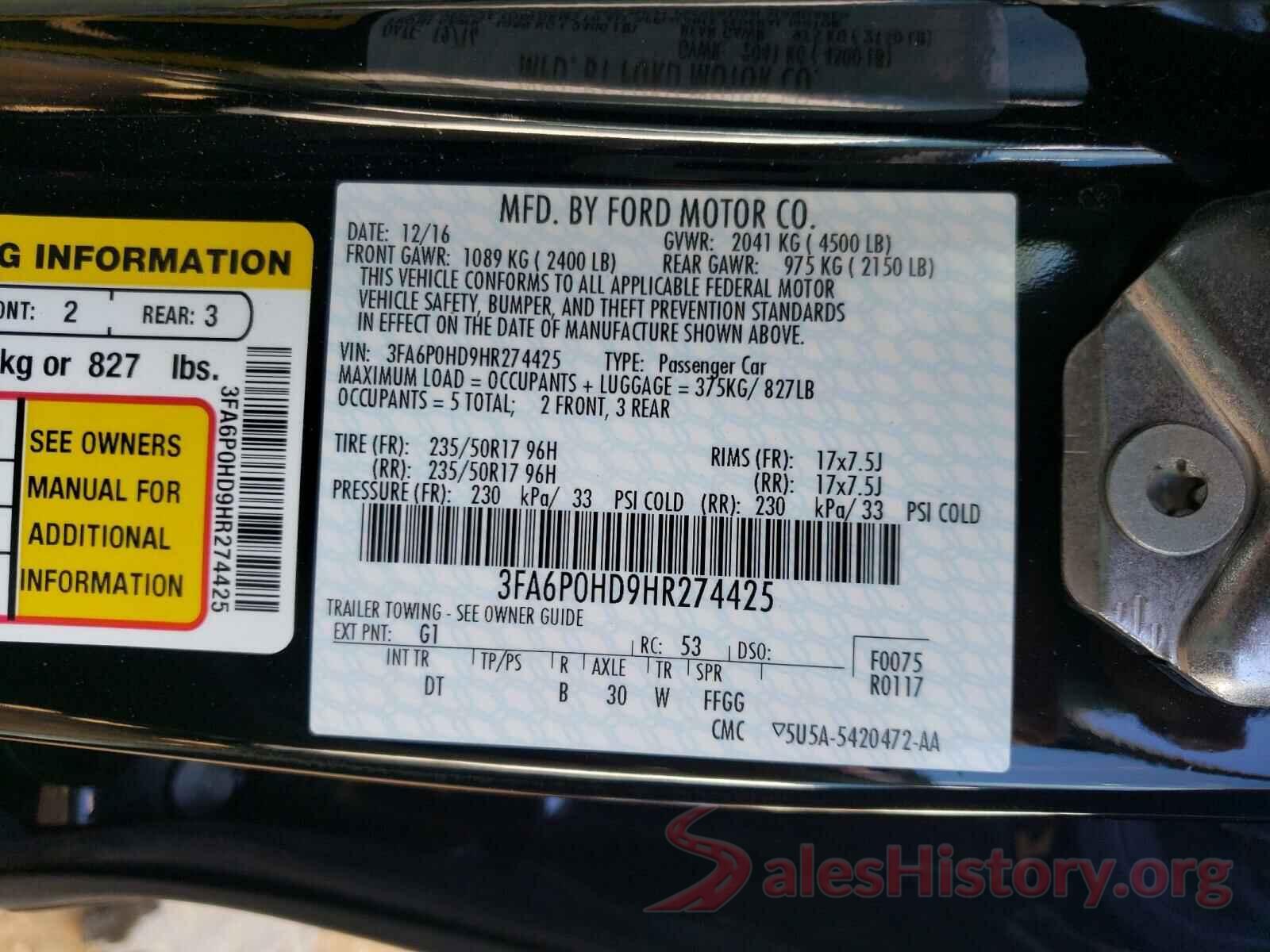 3FA6P0HD9HR274425 2017 FORD FUSION