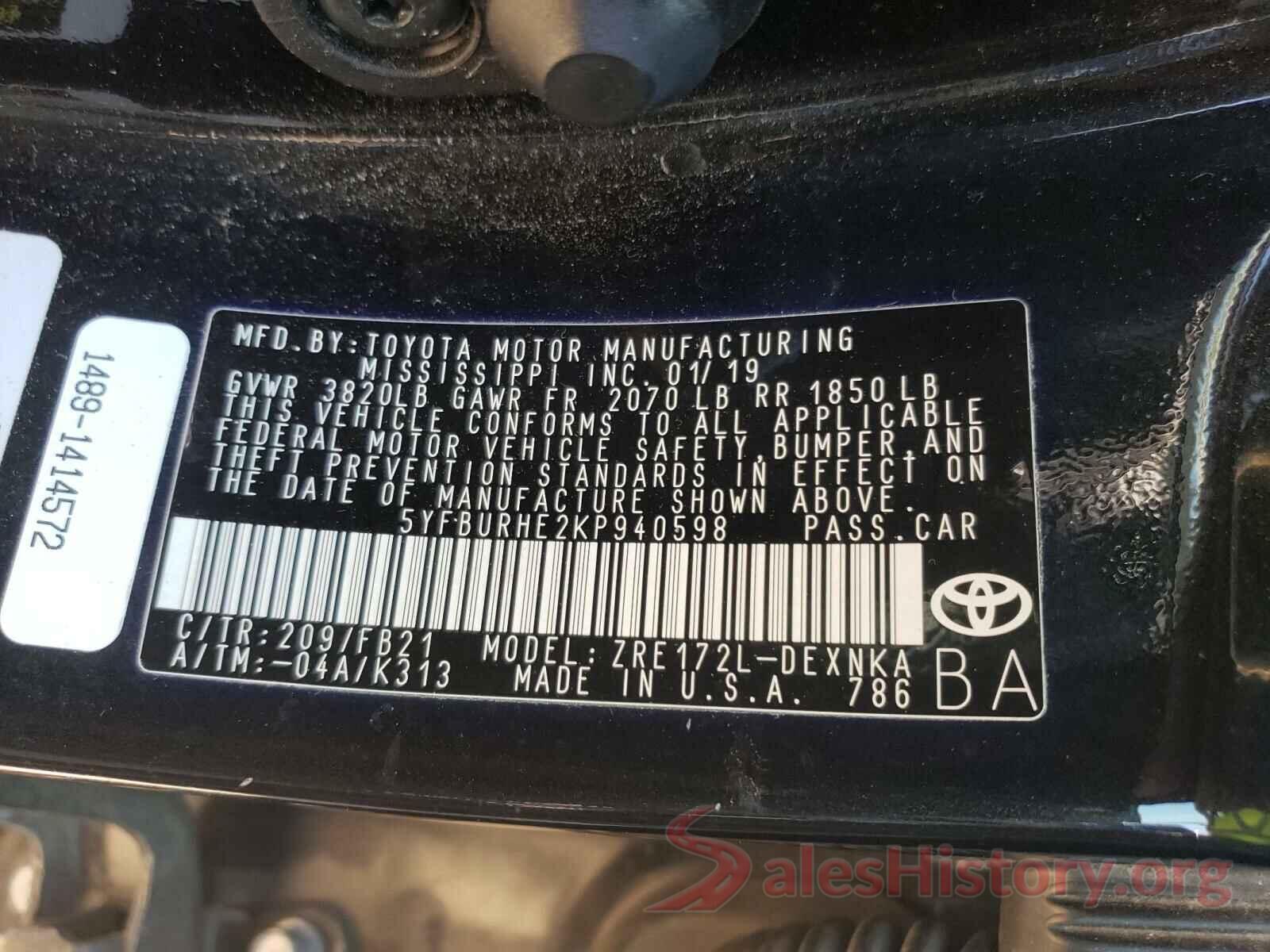 5YFBURHE2KP940598 2019 TOYOTA COROLLA