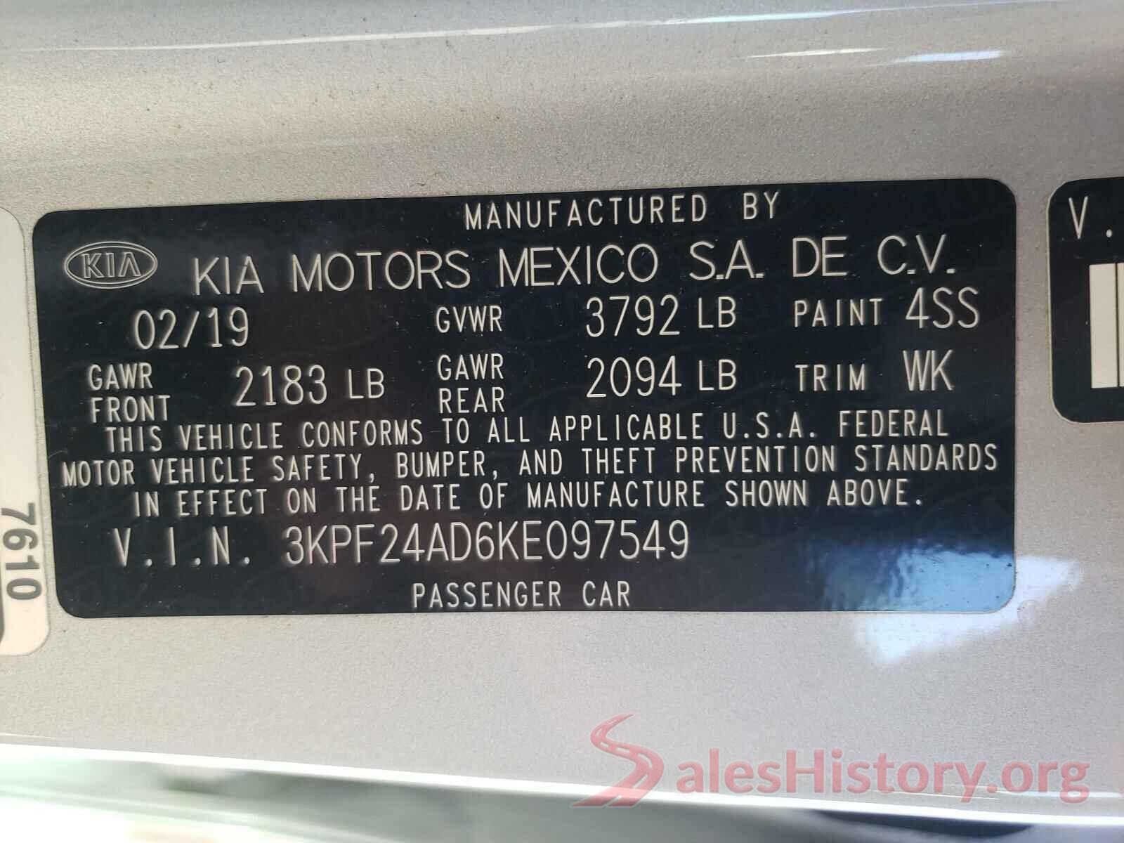 3KPF24AD6KE097549 2019 KIA FORTE