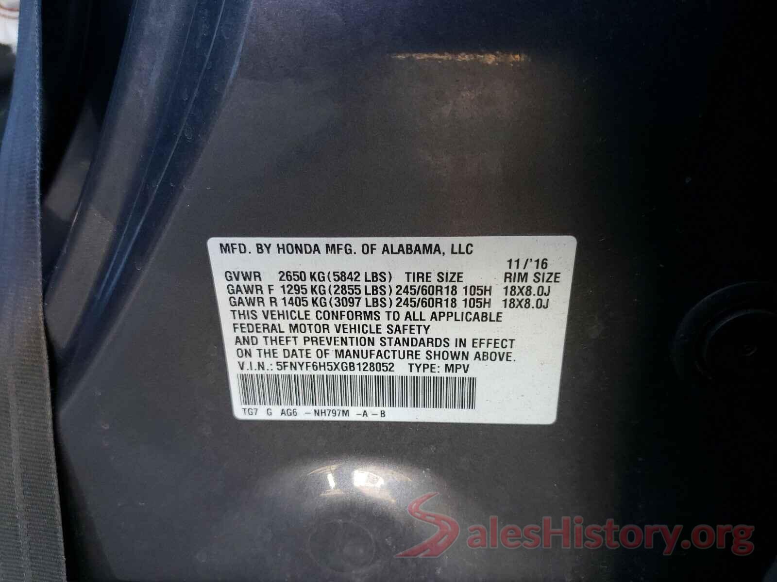 5FNYF6H5XGB128052 2016 HONDA PILOT