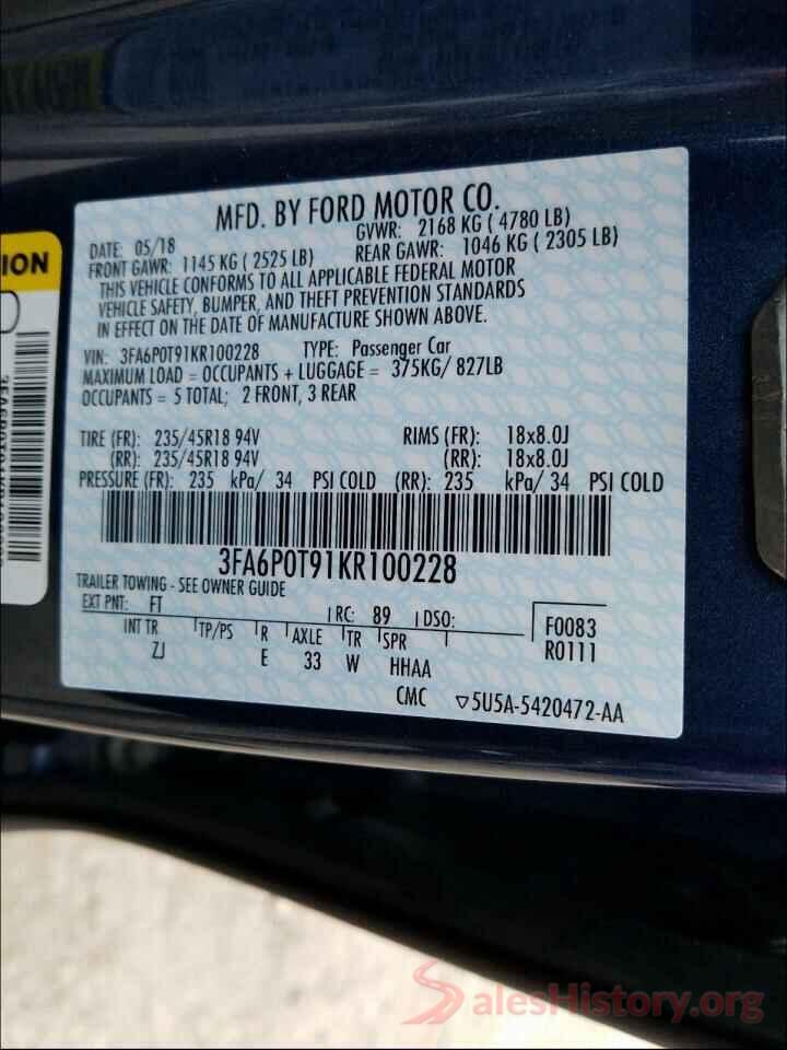 3FA6P0T91KR100228 2019 FORD FUSION