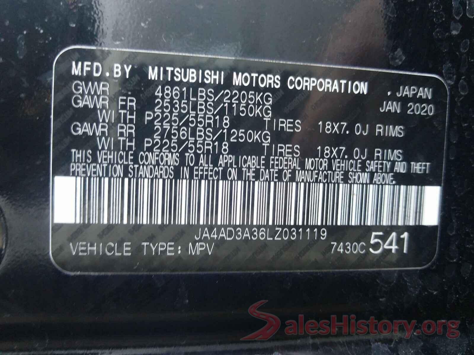 JA4AD3A36LZ031119 2020 MITSUBISHI OUTLANDER