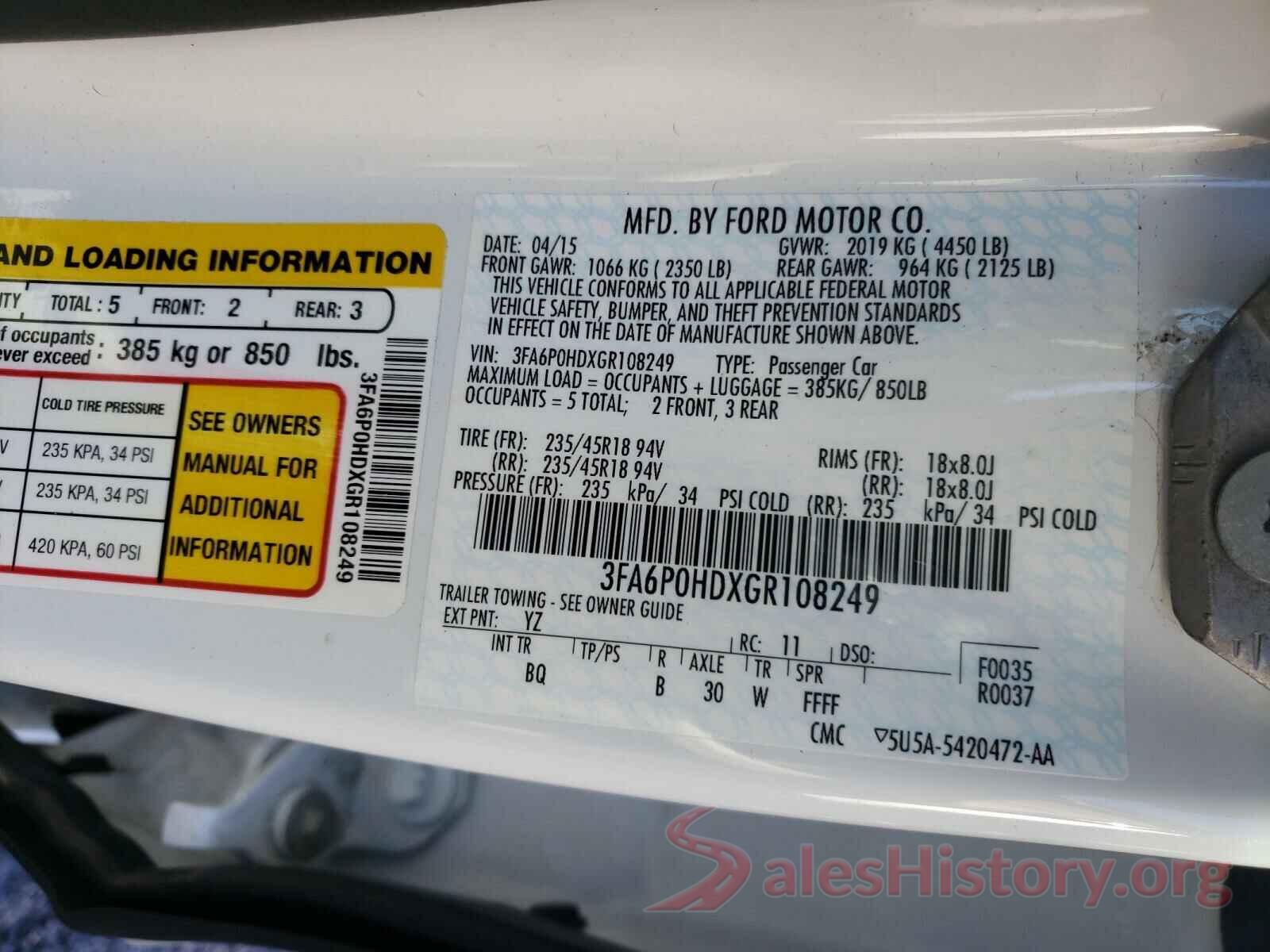 3FA6P0HDXGR108249 2016 FORD FUSION