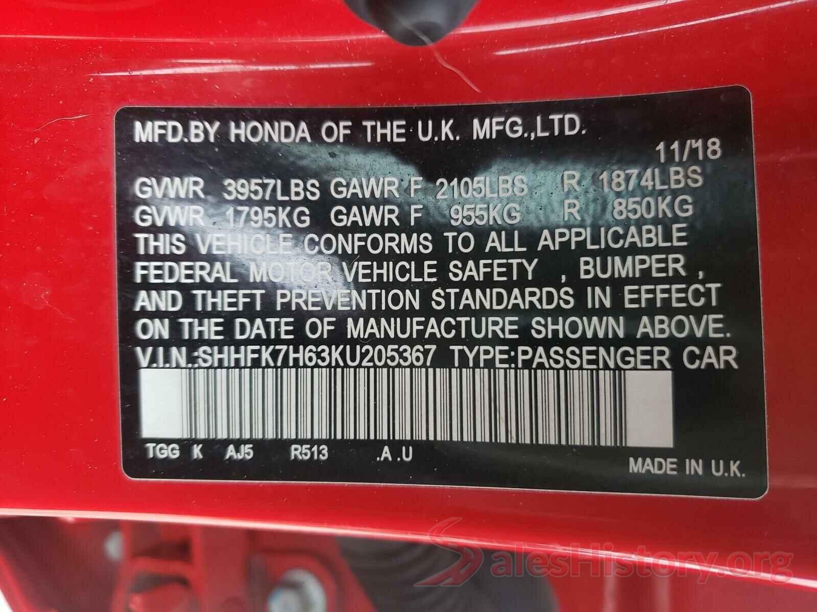 SHHFK7H63KU205367 2019 HONDA CIVIC