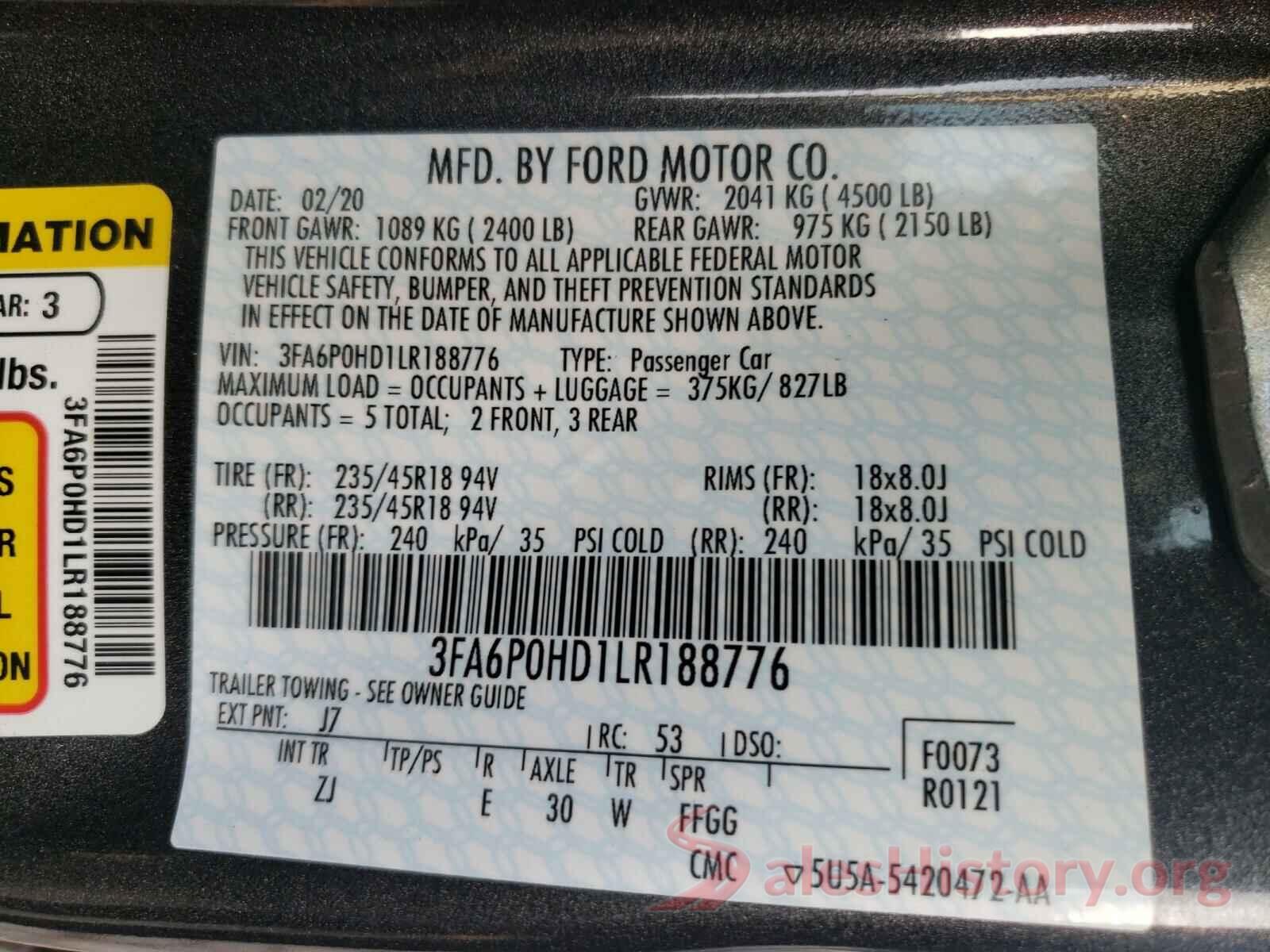 3FA6P0HD1LR188776 2020 FORD FUSION