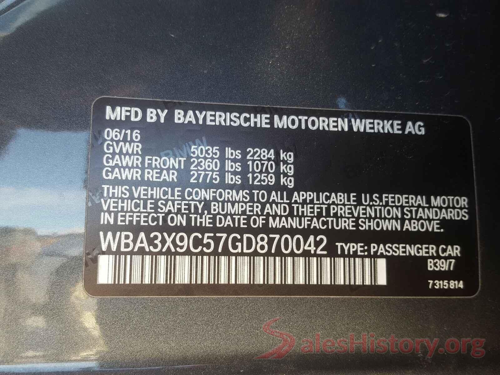 WBA3X9C57GD870042 2016 BMW 3 SERIES