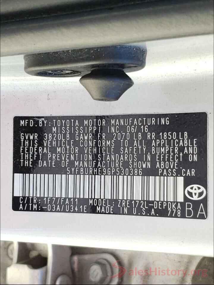 5YFBURHE9GP530386 2016 TOYOTA COROLLA