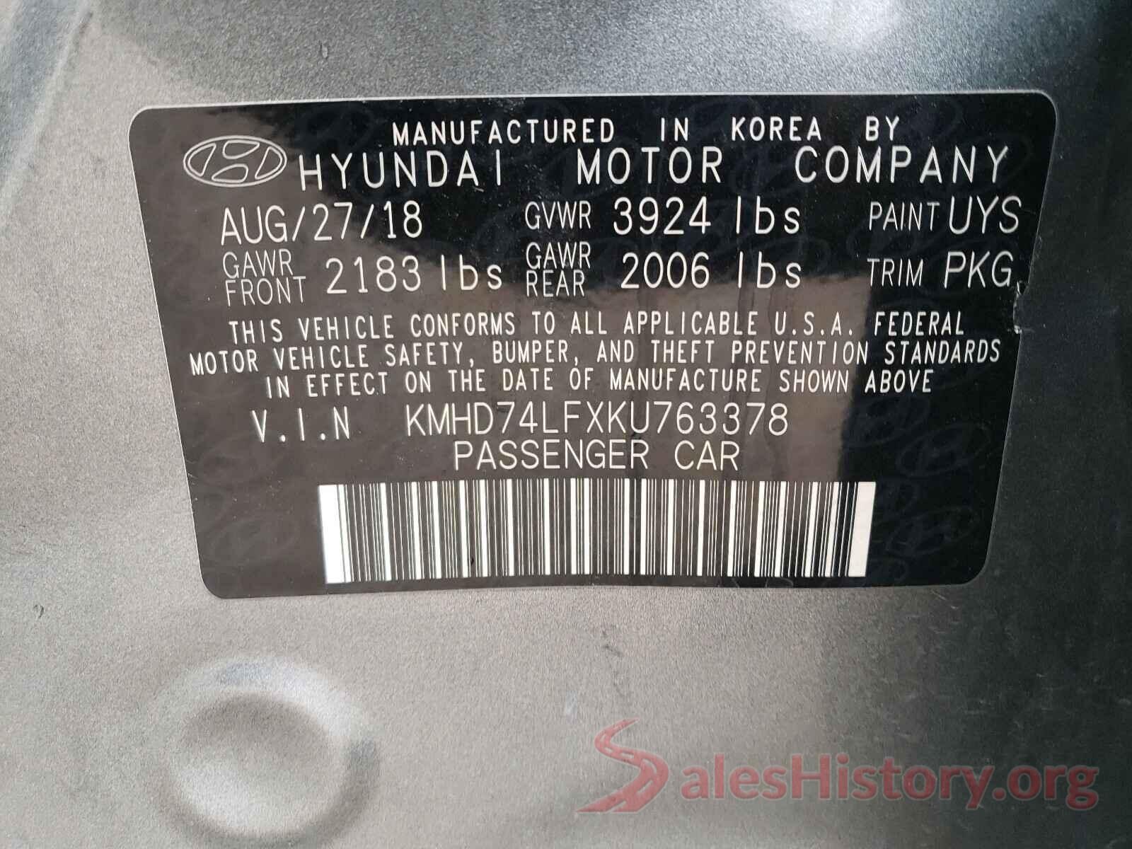 KMHD74LFXKU763378 2019 HYUNDAI ELANTRA