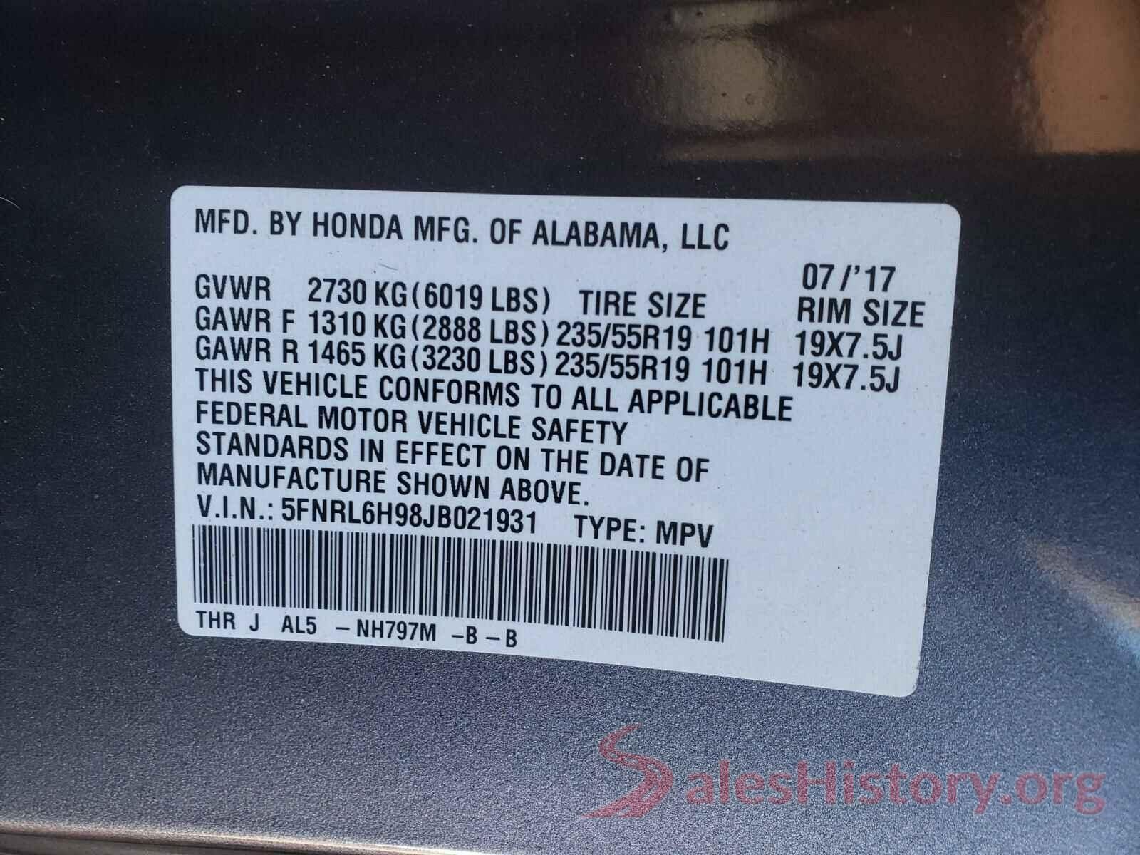 5FNRL6H98JB021931 2018 HONDA ODYSSEY