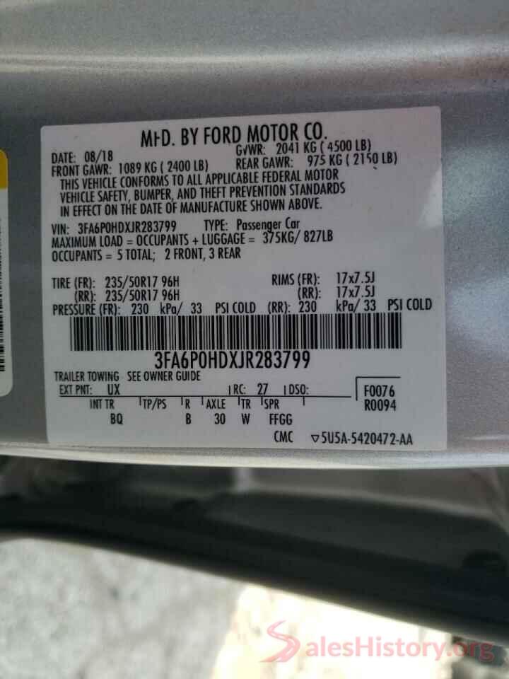 3FA6P0HDXJR283799 2018 FORD FUSION