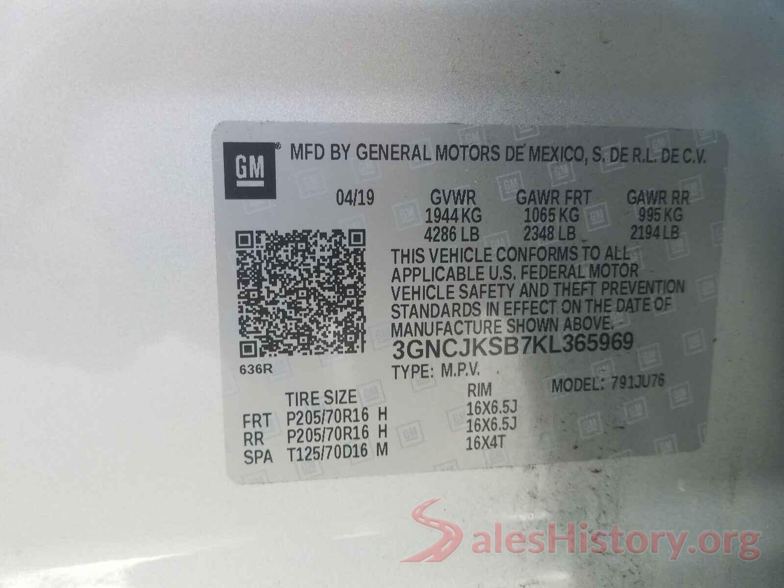 3GNCJKSB7KL365969 2019 CHEVROLET TRAX