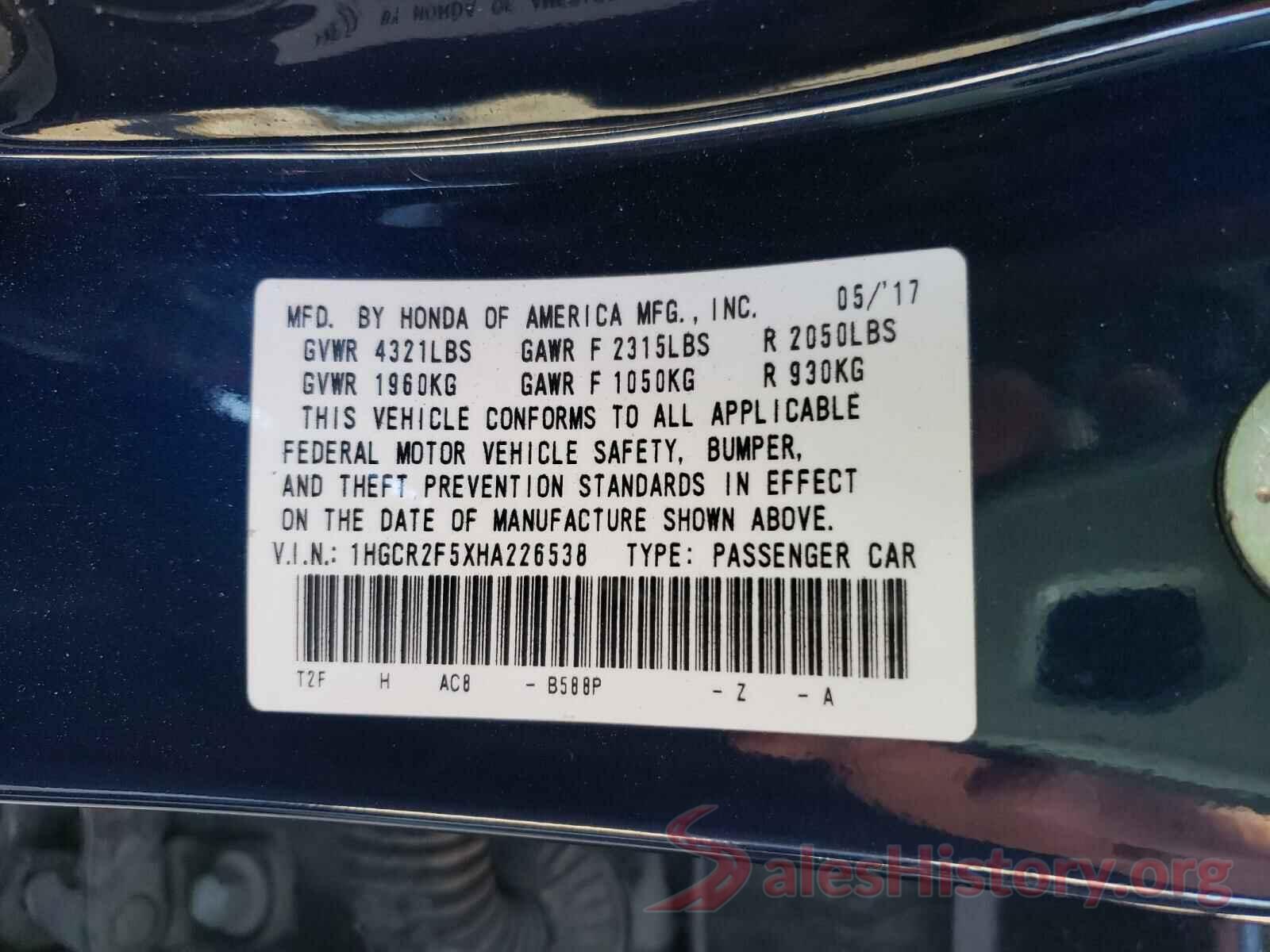 1HGCR2F5XHA226538 2017 HONDA ACCORD