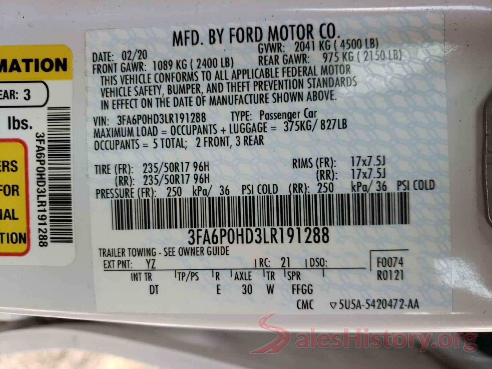 3FA6P0HD3LR191288 2020 FORD FUSION