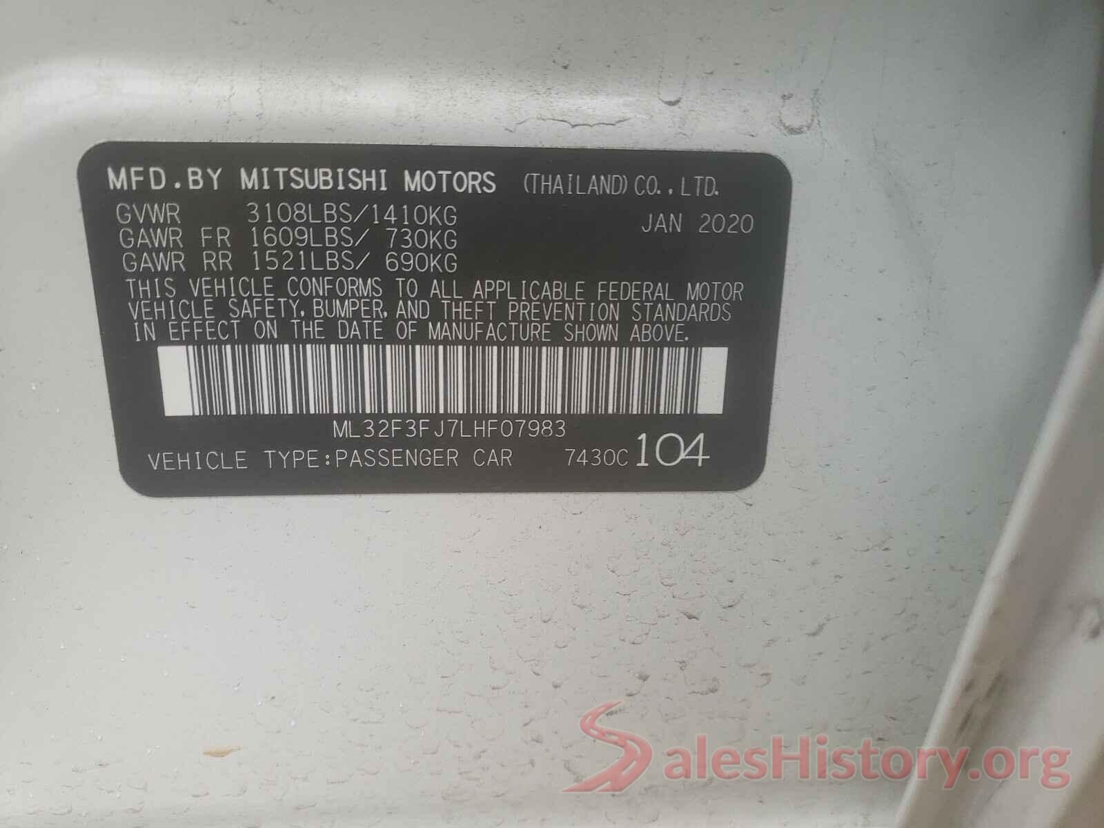 ML32F3FJ7LHF07983 2020 MITSUBISHI MIRAGE