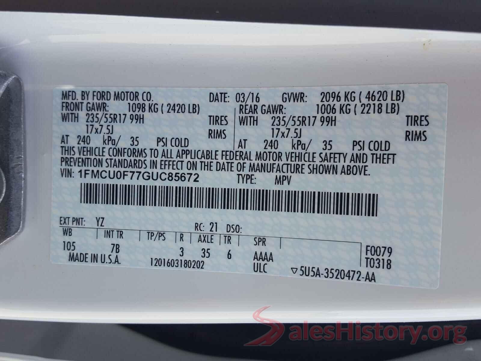 1FMCU0F77GUC85672 2016 FORD ESCAPE