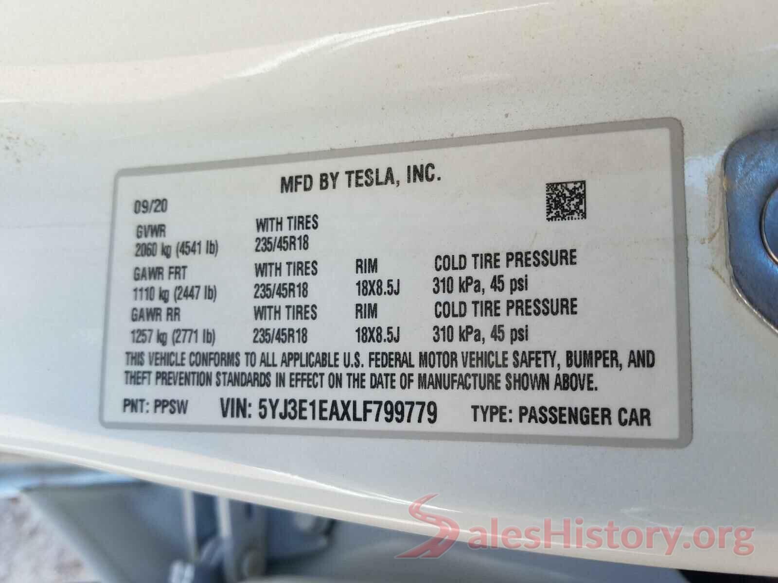 5YJ3E1EAXLF799779 2020 TESLA MODEL 3