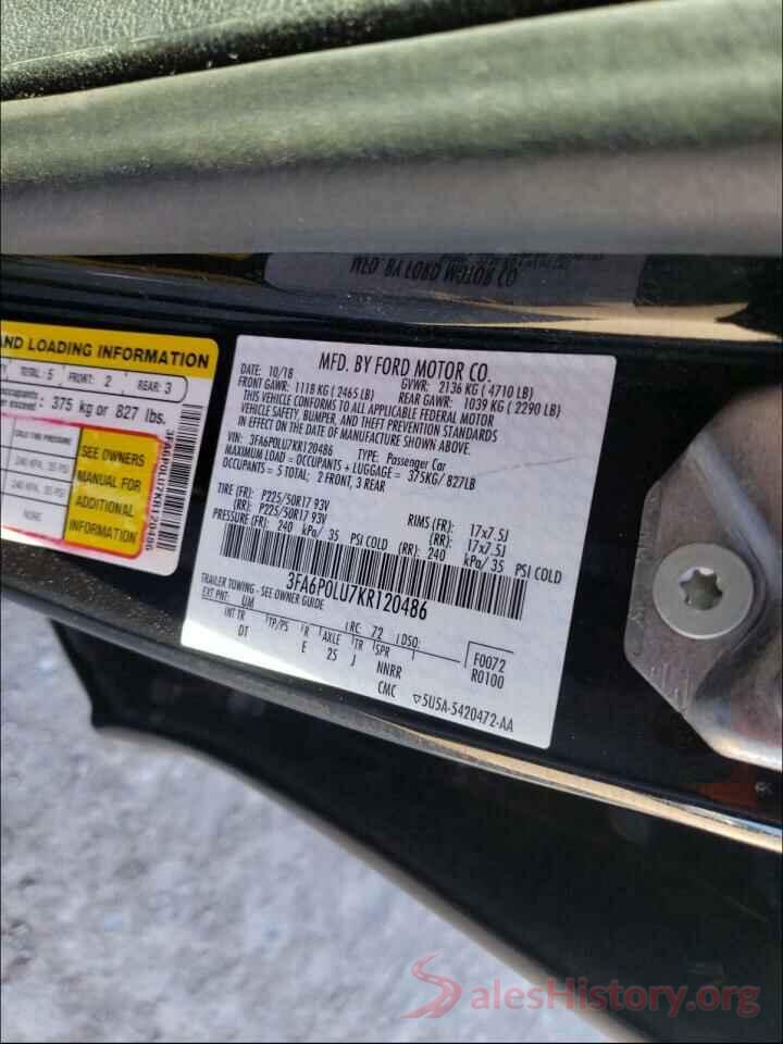 3FA6P0LU7KR120486 2019 FORD FUSION