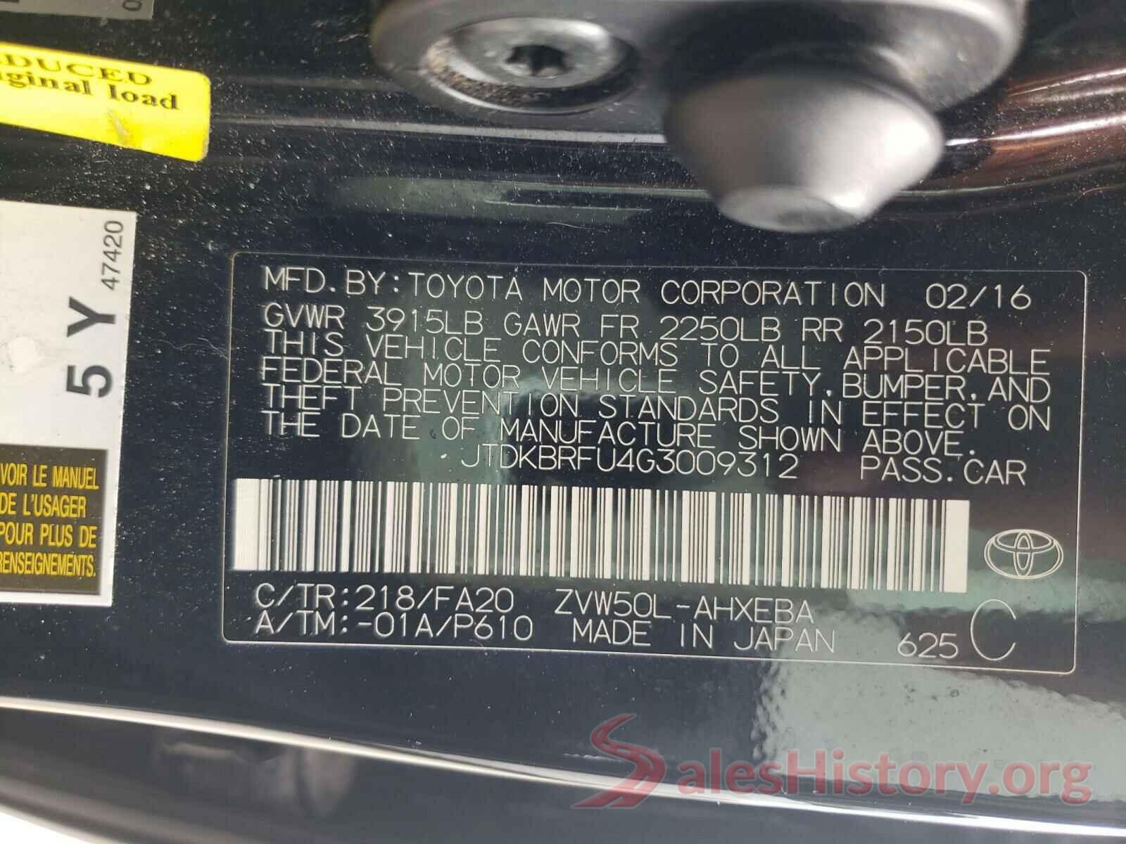 JTDKBRFU4G3009312 2016 TOYOTA PRIUS