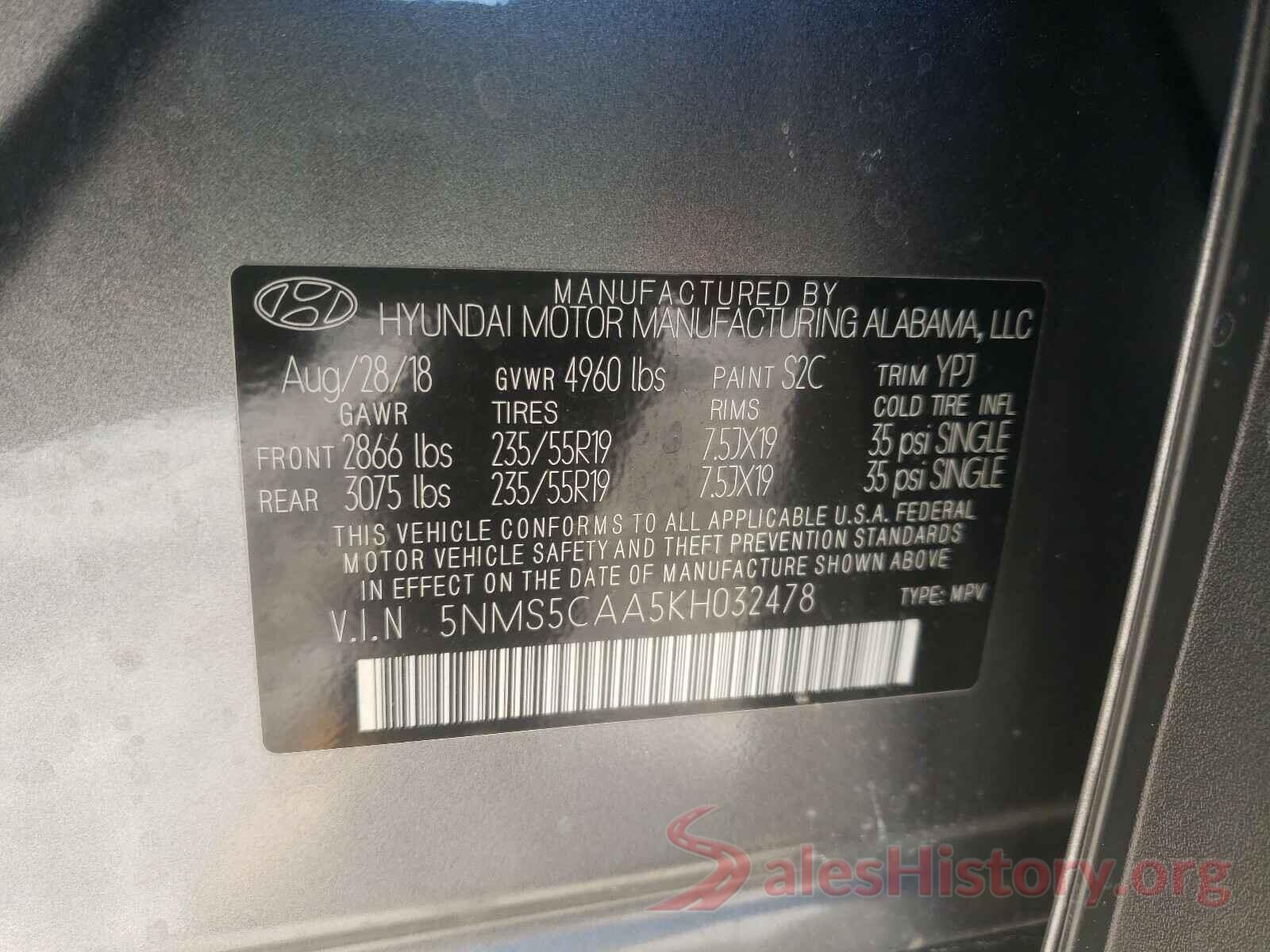 5NMS5CAA5KH032478 2019 HYUNDAI SANTA FE