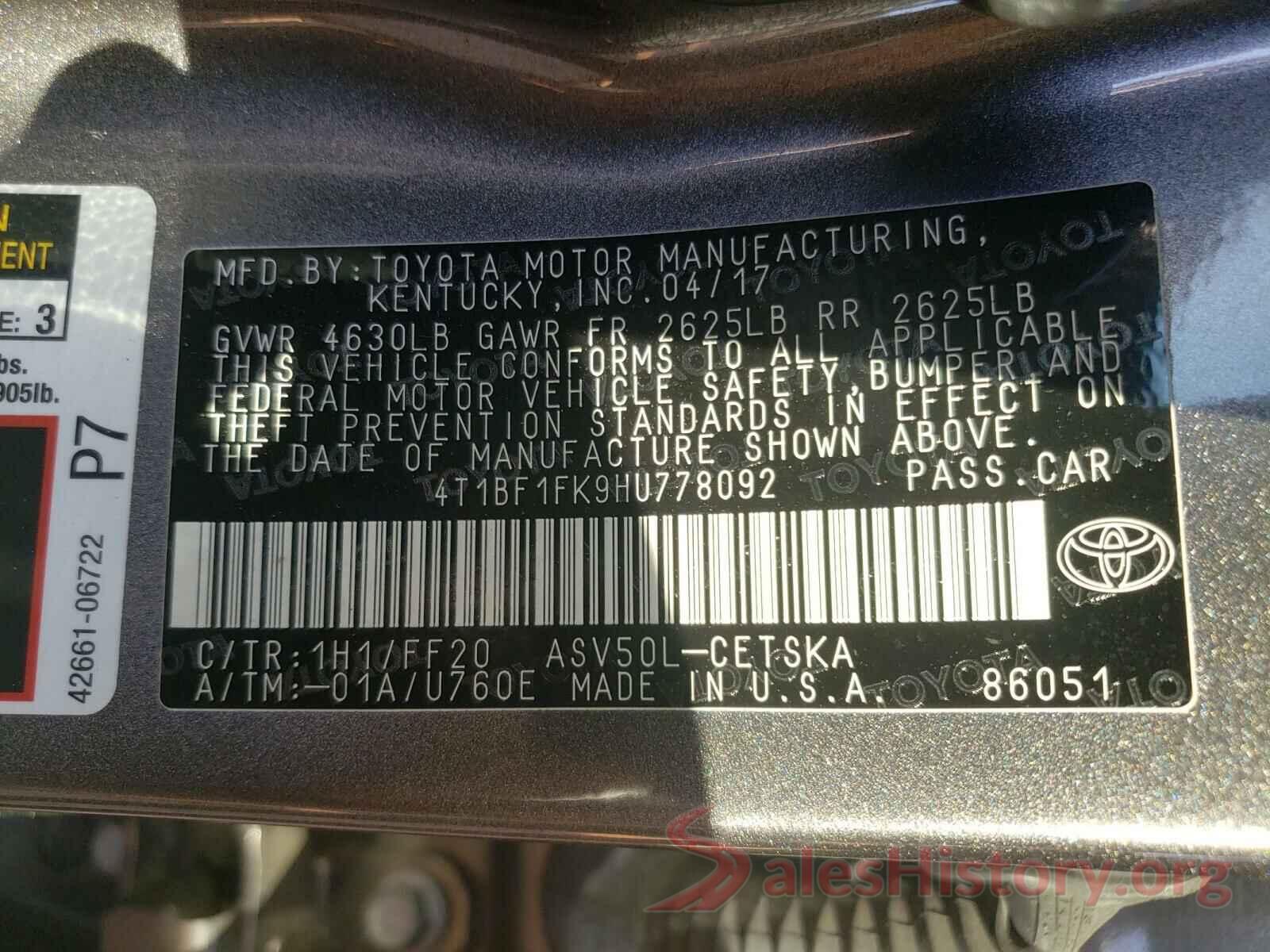 4T1BF1FK9HU778092 2017 TOYOTA CAMRY