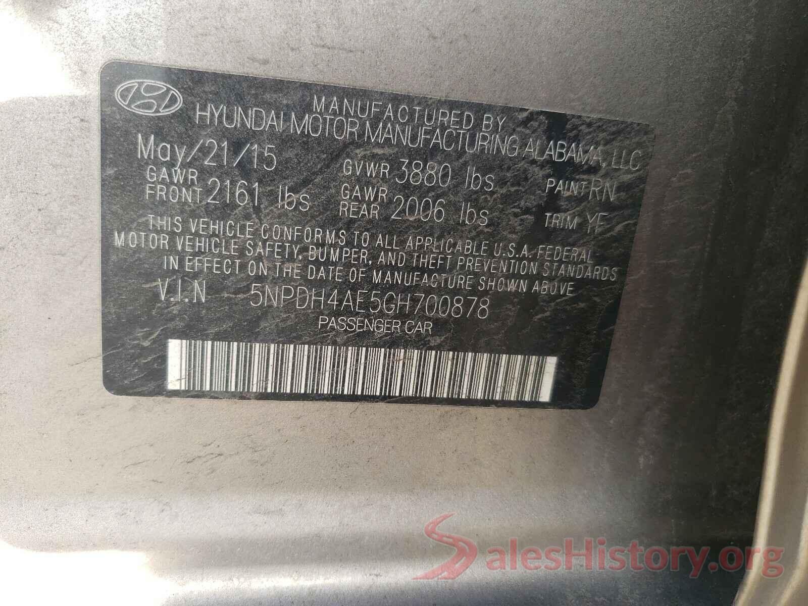 5NPDH4AE5GH700878 2016 HYUNDAI ELANTRA