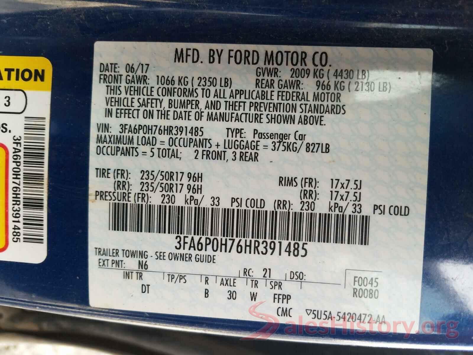 3FA6P0H76HR391485 2017 FORD FUSION