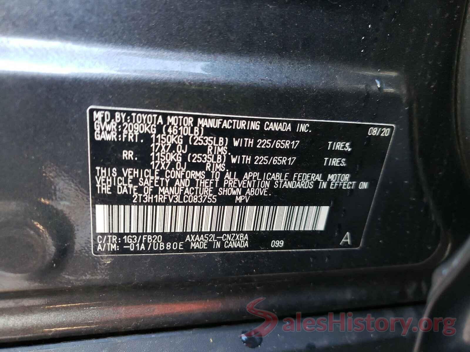 2T3H1RFV3LC083755 2020 TOYOTA RAV4