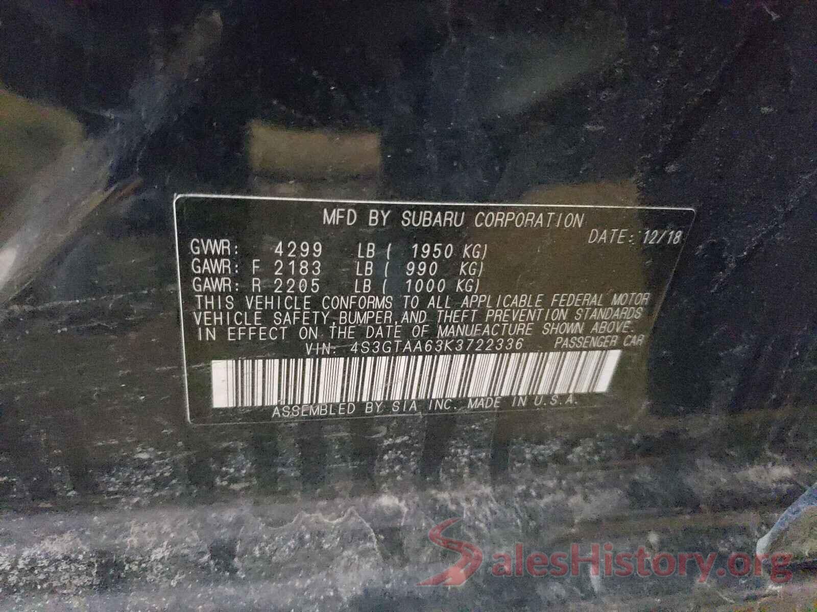 4S3GTAA63K3722336 2019 SUBARU IMPREZA