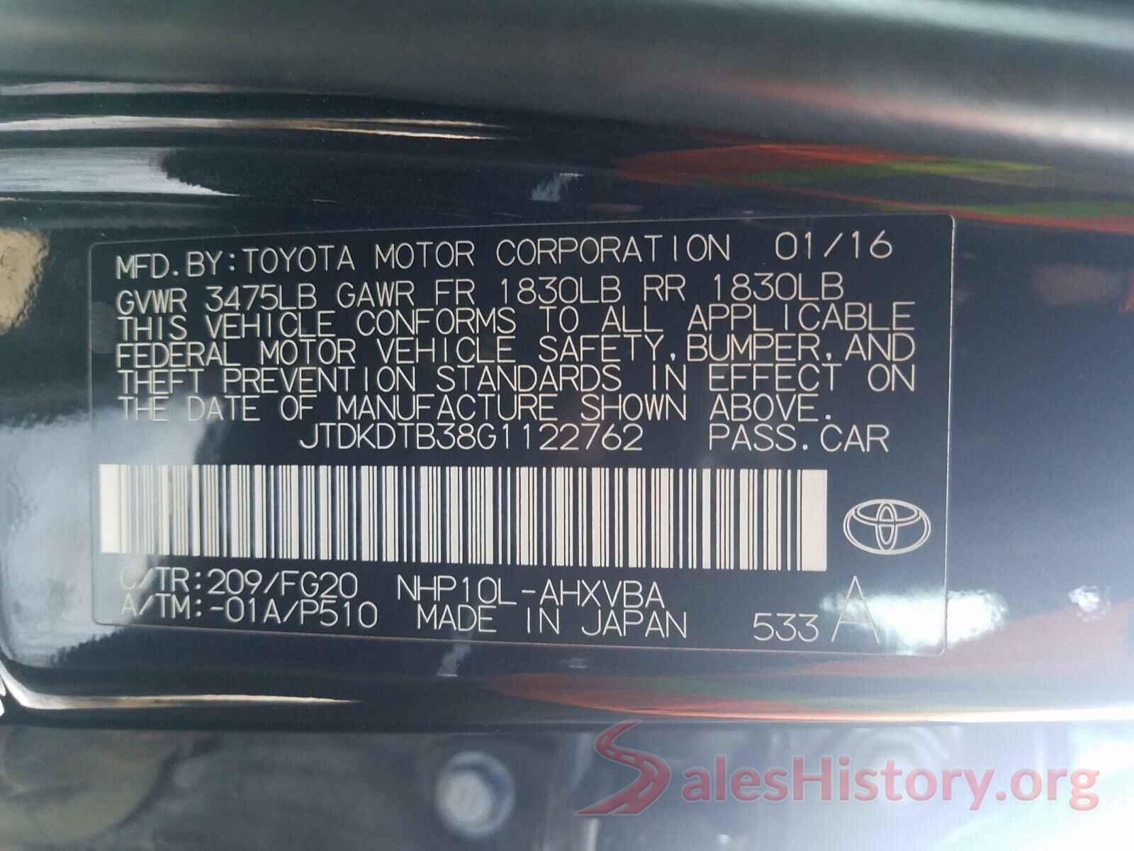 JTDKDTB38G1122762 2016 TOYOTA PRIUS