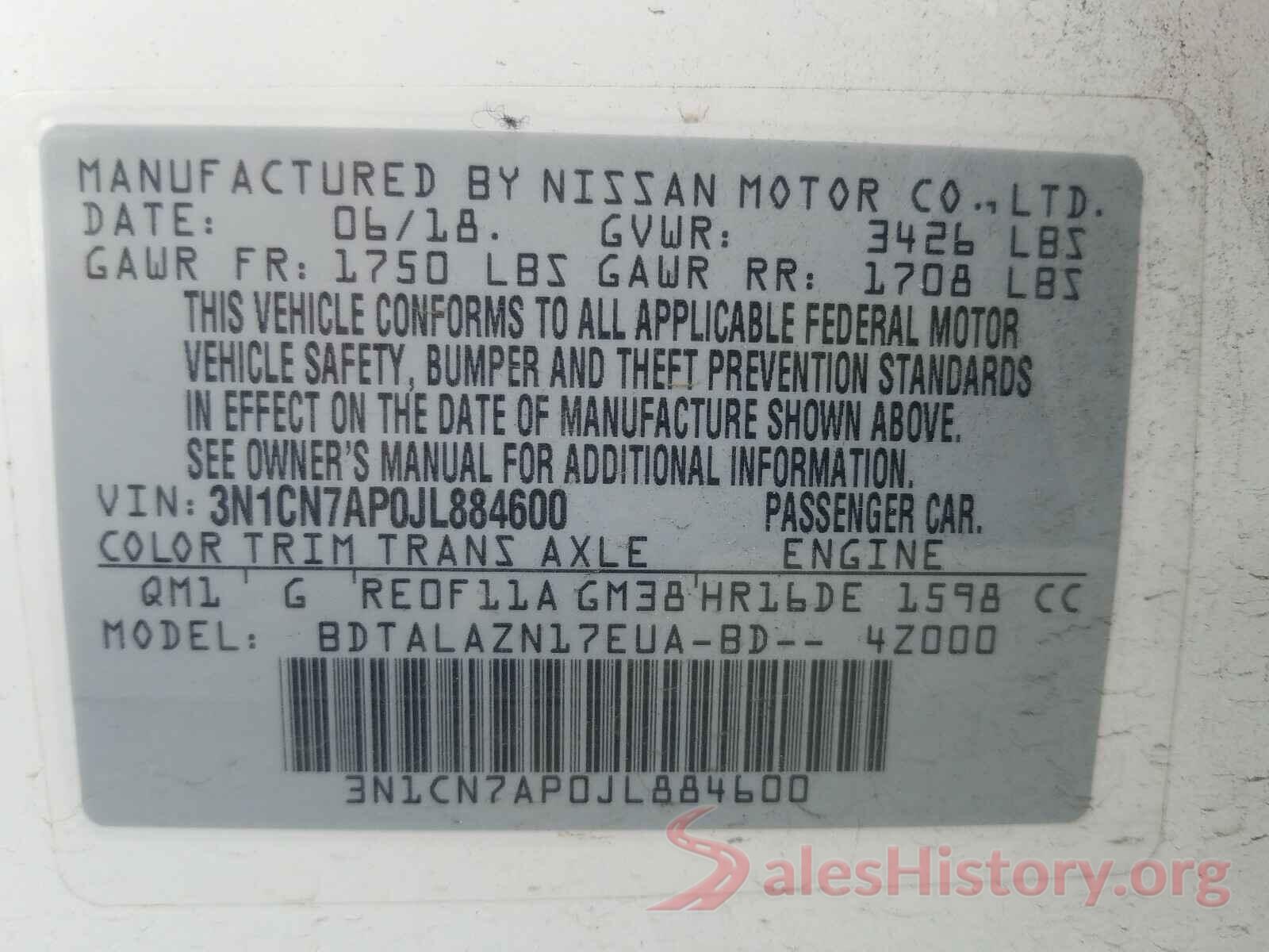 3N1CN7AP0JL884600 2018 NISSAN VERSA