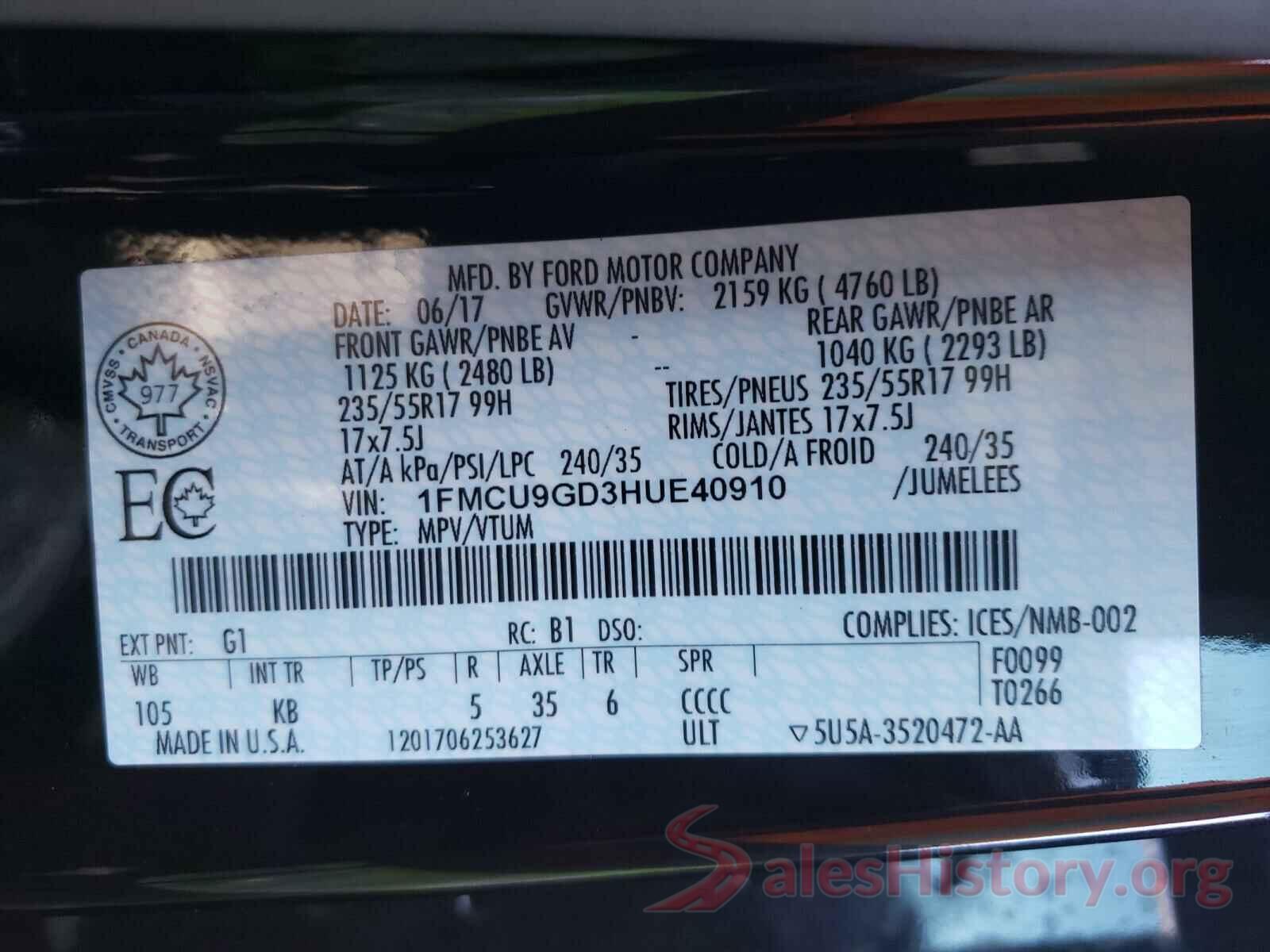 1FMCU9GD3HUE40910 2017 FORD ESCAPE